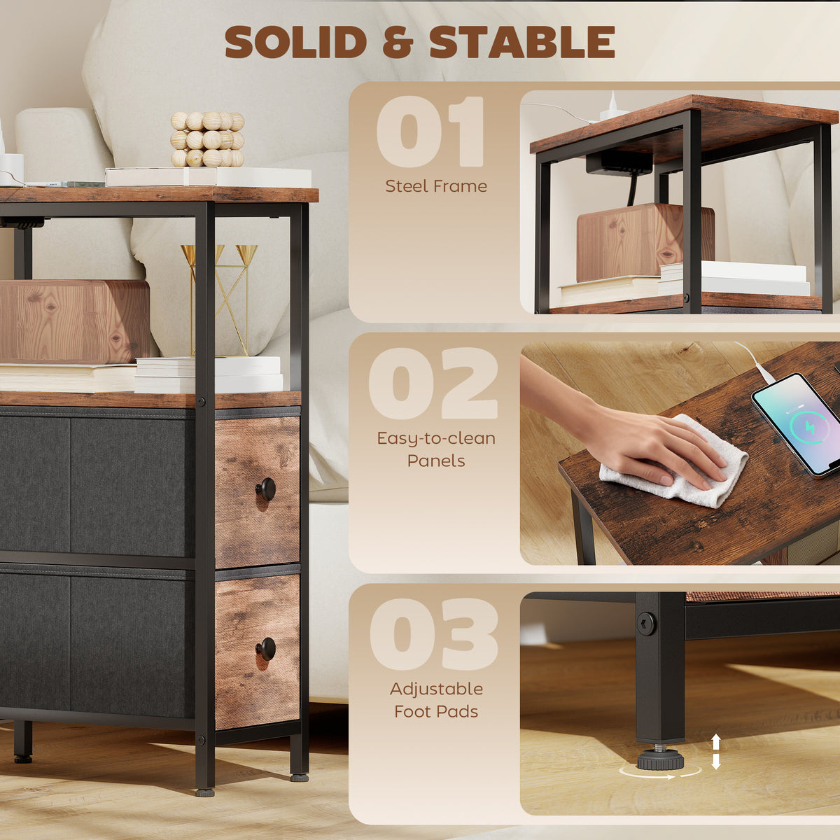 Side Table, Narrow Bedside Table with Charging Station, 2 Drawers