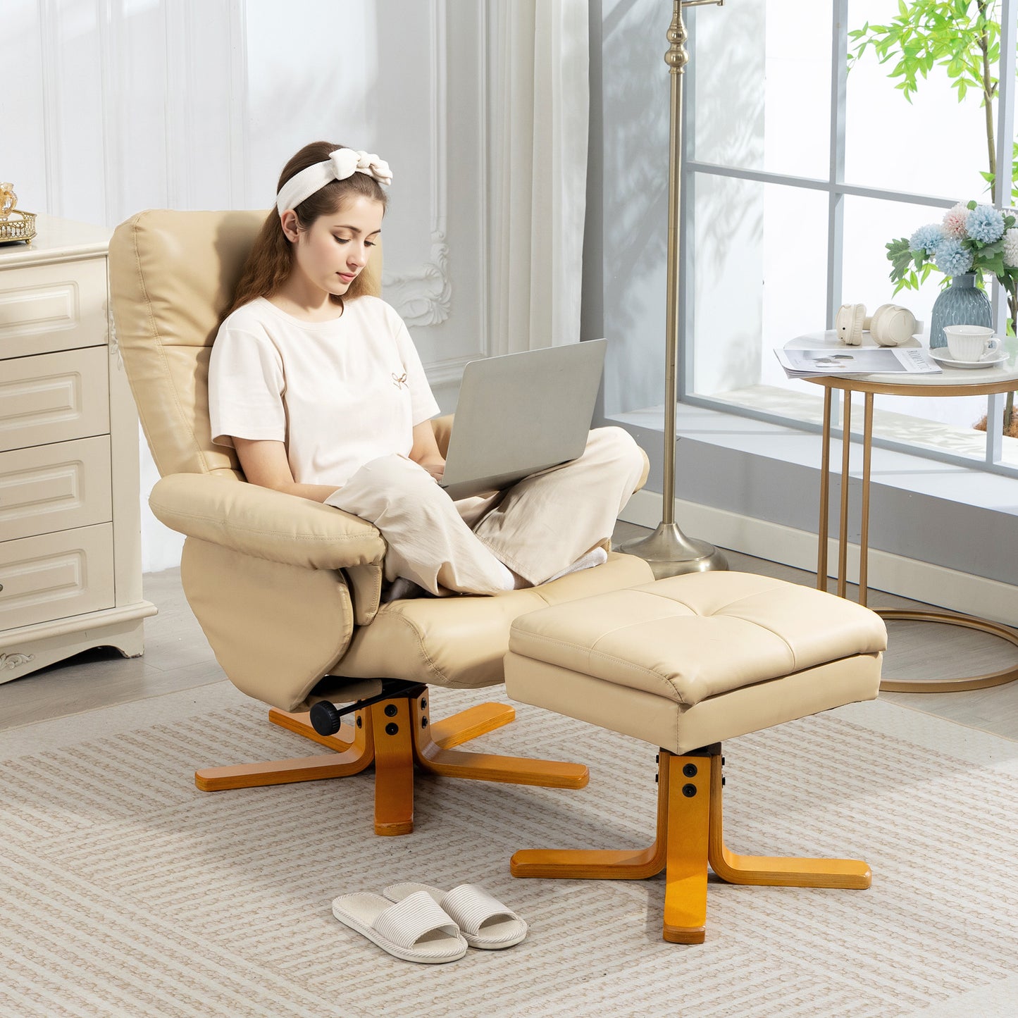 Recliner Chair and Footstool PU Leather Wooden Base, Beige