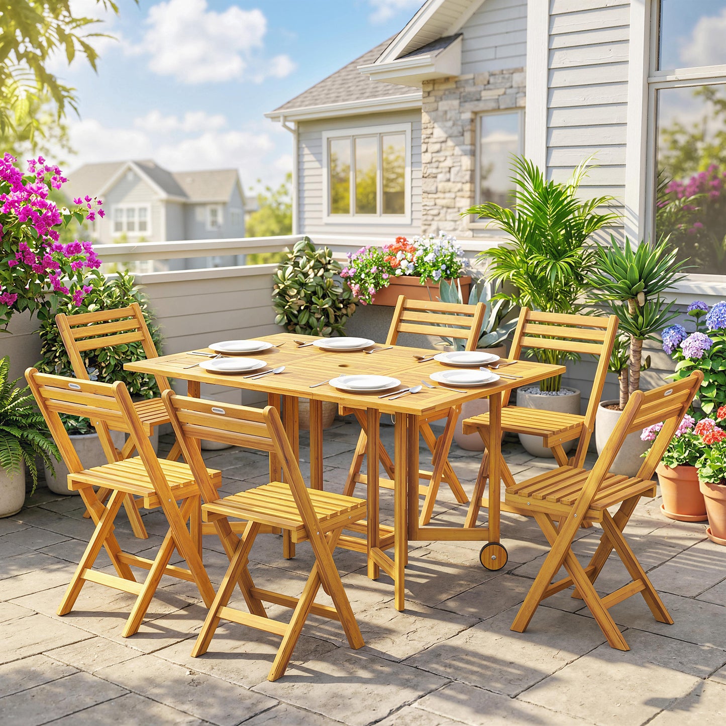 7 Pieces Garden Dining Set, Extending Dining Table and 6 Folding Chairs with Umbrella Hole, Garden Furniture Set with FSC-Certified Acacia Wood for Patio, Natural Wood