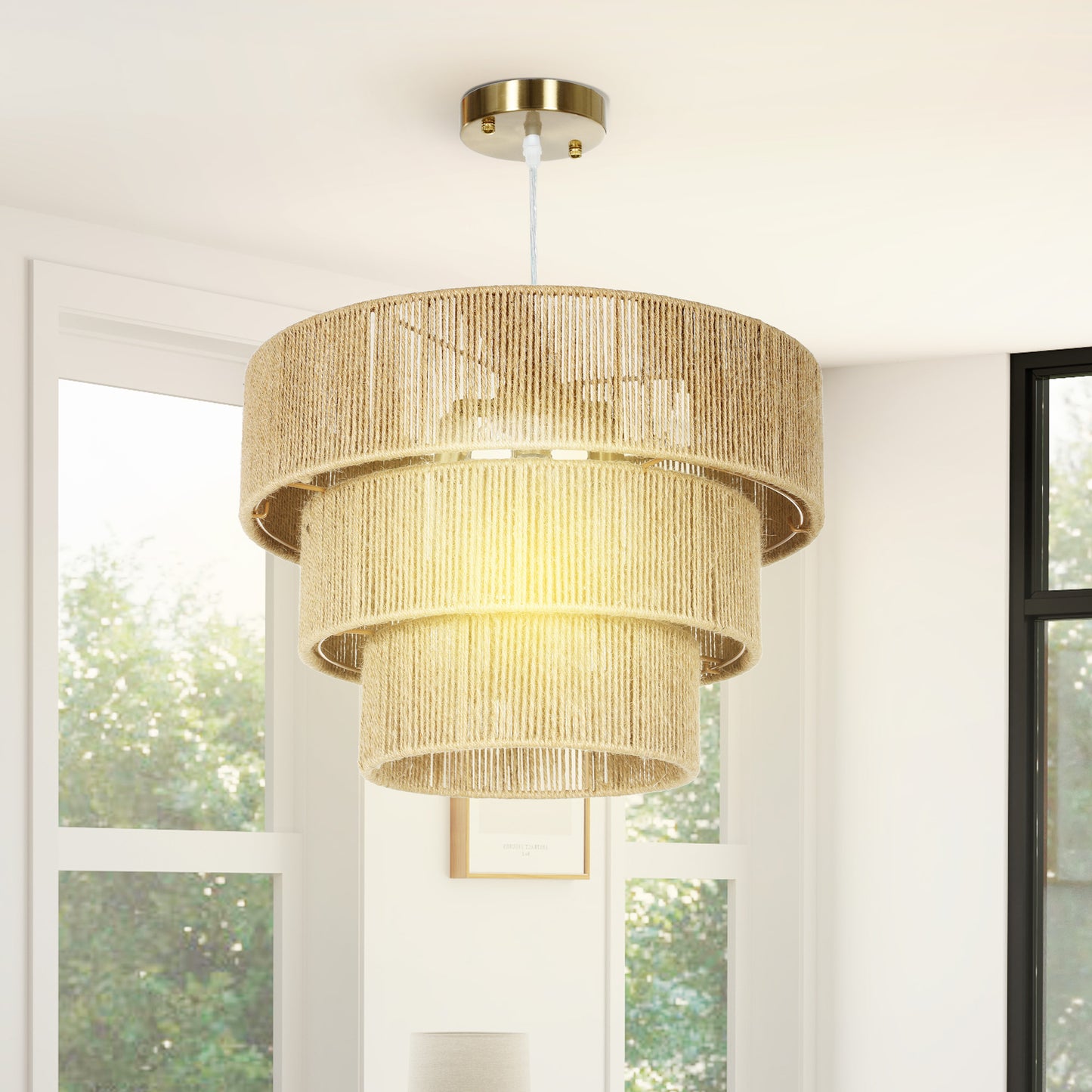 Boho Hemp Rope Pendant Light, Ceiling Light for Bedroom, Light Brown