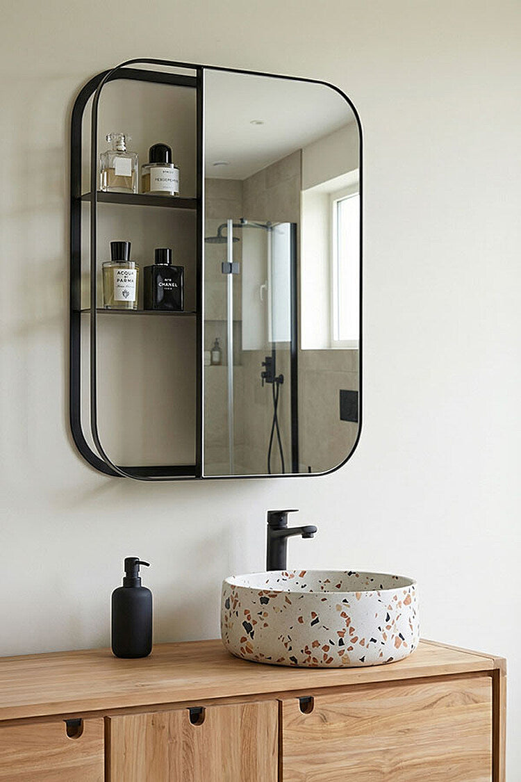 Stria Wall Mirror with Shelves – Black