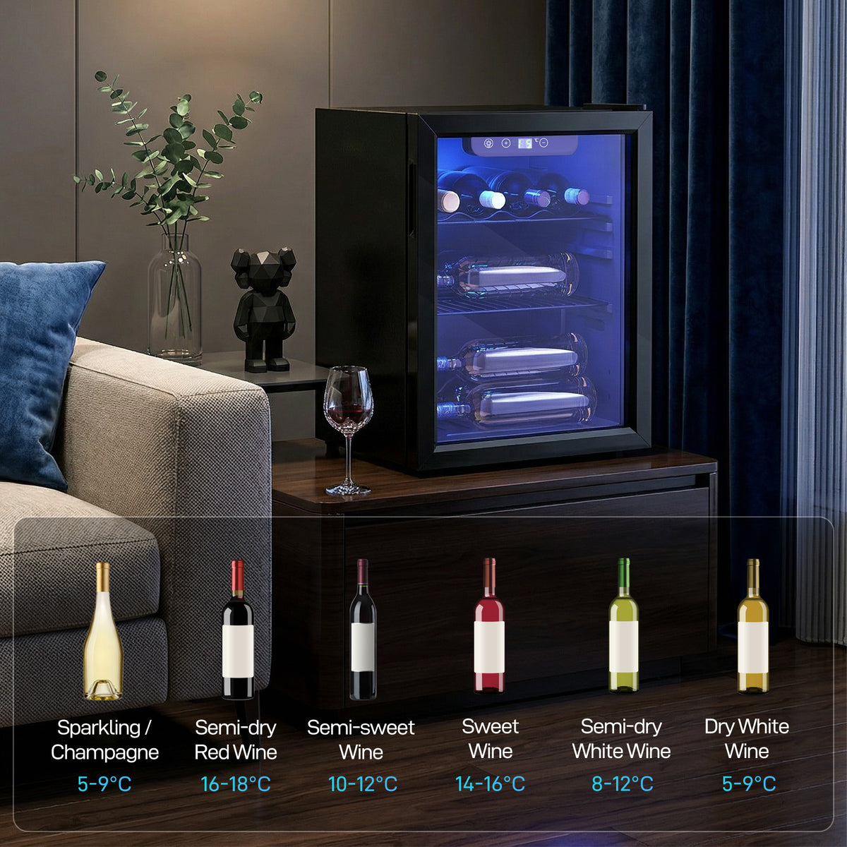 48L Tabletop Wine Cooler for 16 Bottles with Reversible Door - Black