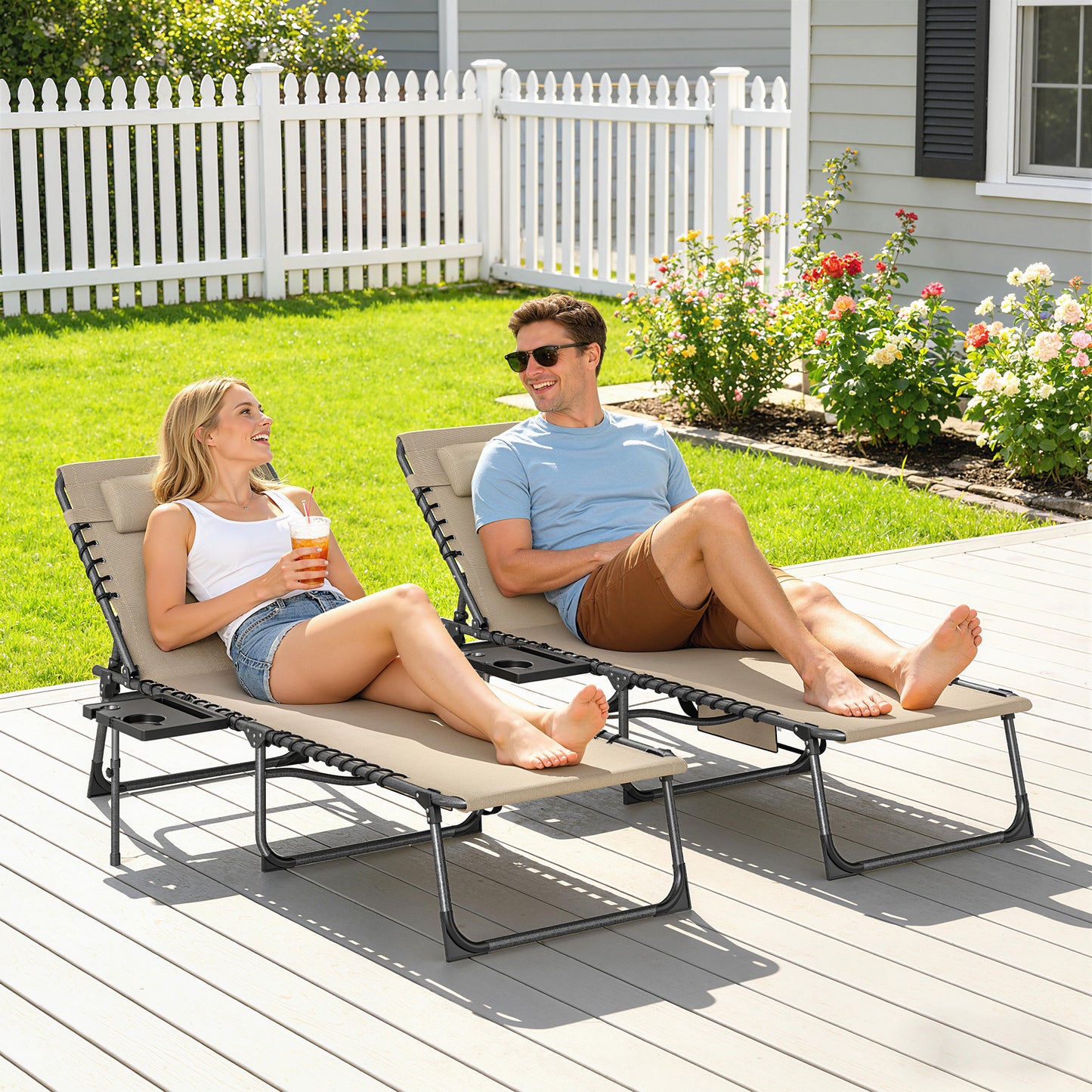 Folding Sun Loungers with 5-Level Back, Cup Holder, Beige