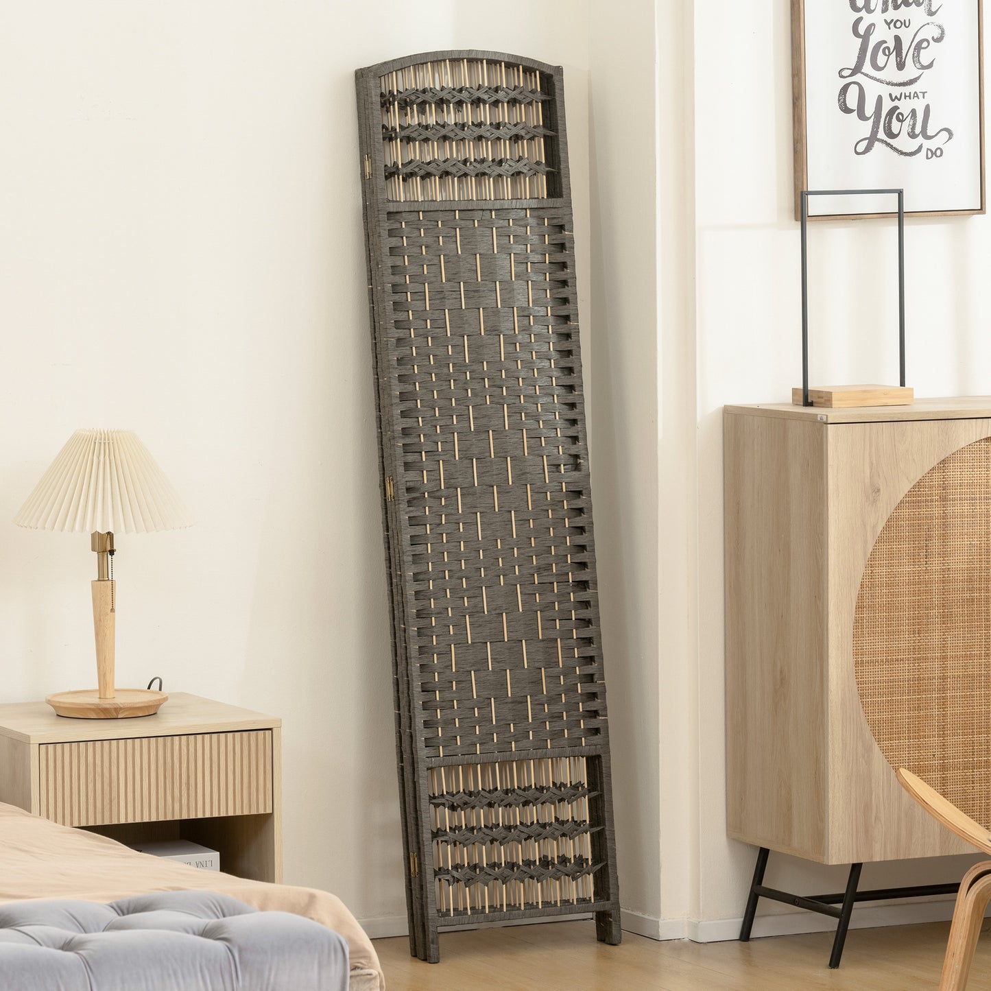 4 Panel Folding Privacy Screen with Pine Wood Frame, Dark Grey