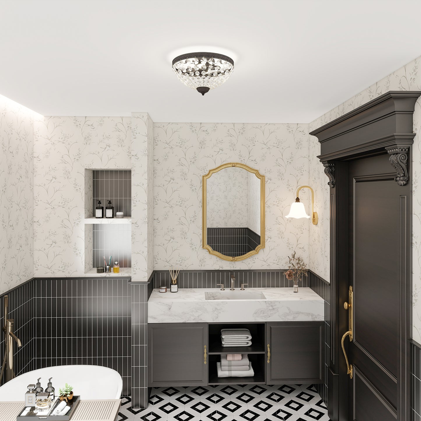 Chandelier Crystal Ceiling Light with E14 Base 2-Lights, Black