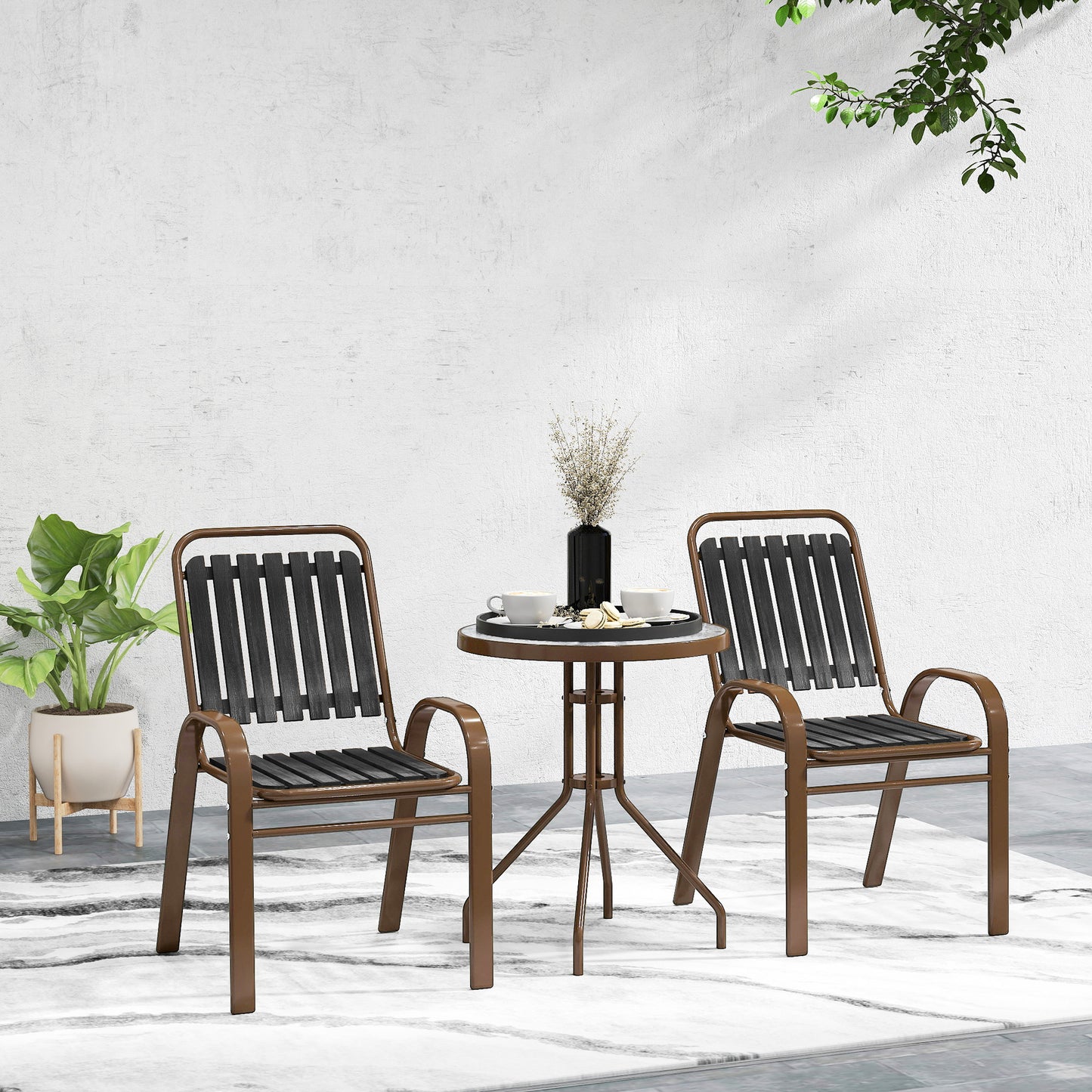 Stackable Patio Bistro Set, 3 Pieces Garden Furniture Set, Grey
