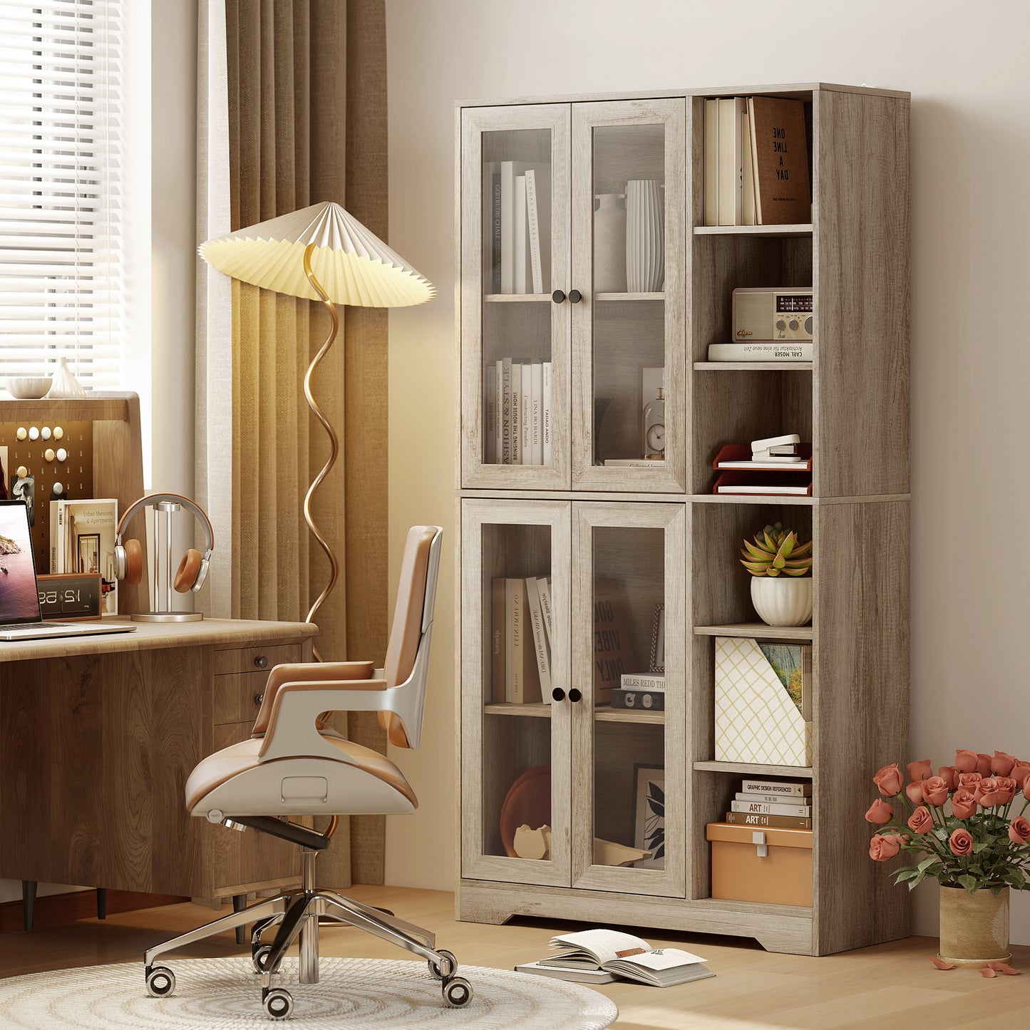 Multi-Storage Kitchen Cabinet, with Glass Doors - Grey Wood-Effect
