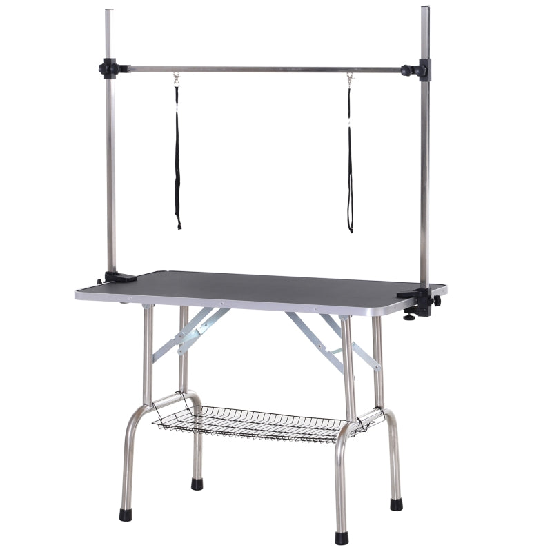 Adjustable Dog Grooming Table Rubber Top 2 Safety Slings Mesh Storage Basket Heavy Metal Black 107 x 60 x 170cm