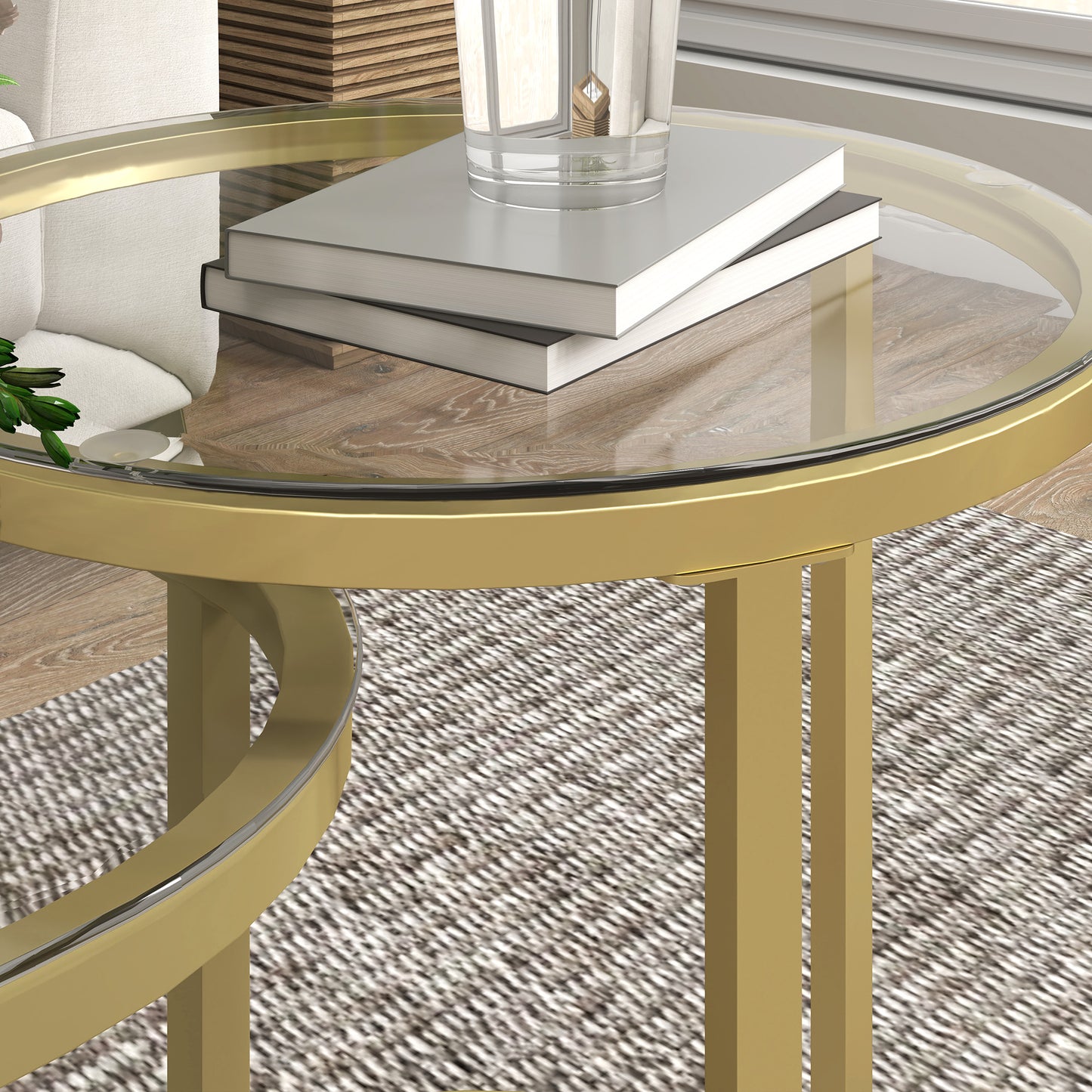 2 Pcs Modern Coffee Table with Tempered Glass Side Tables Clear