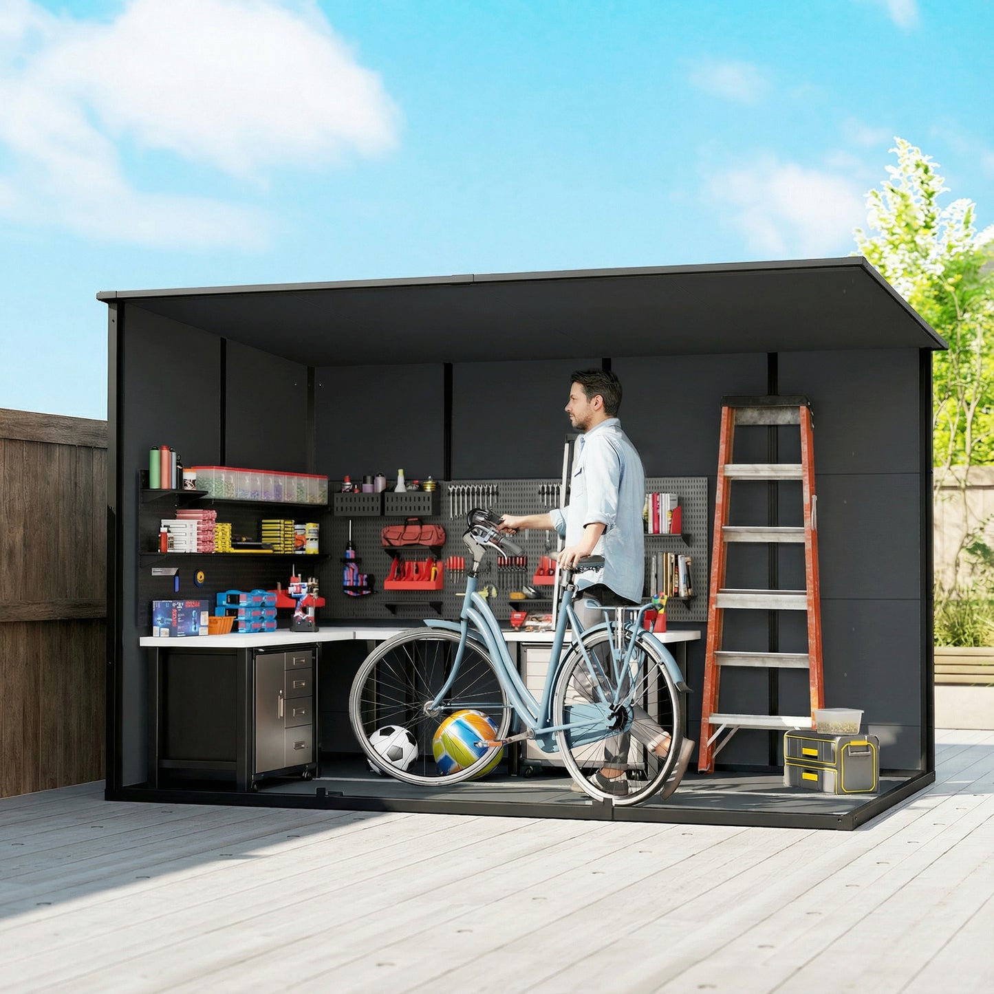 10 x 6 ft Plastic Garden Shed with Floor, Lockable Doors, Dark Grey