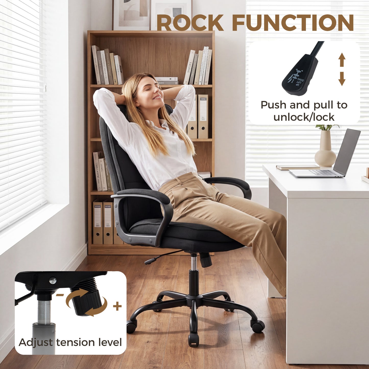 Executive Office Chair, Fabric Computer Desk Chair with Dual-Layer Padding, High Back, Silent Swivel Wheels, Armrest, Height Adjustable, Rocking Function for Home, Black