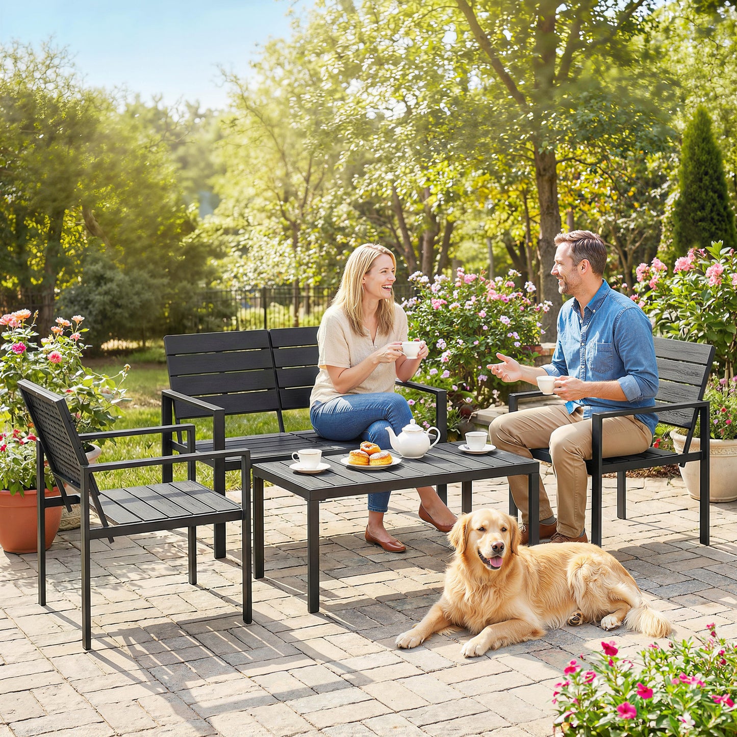 4 Piece Garden Furniture Set, HDPE Metal Outdoor Sofa, Black