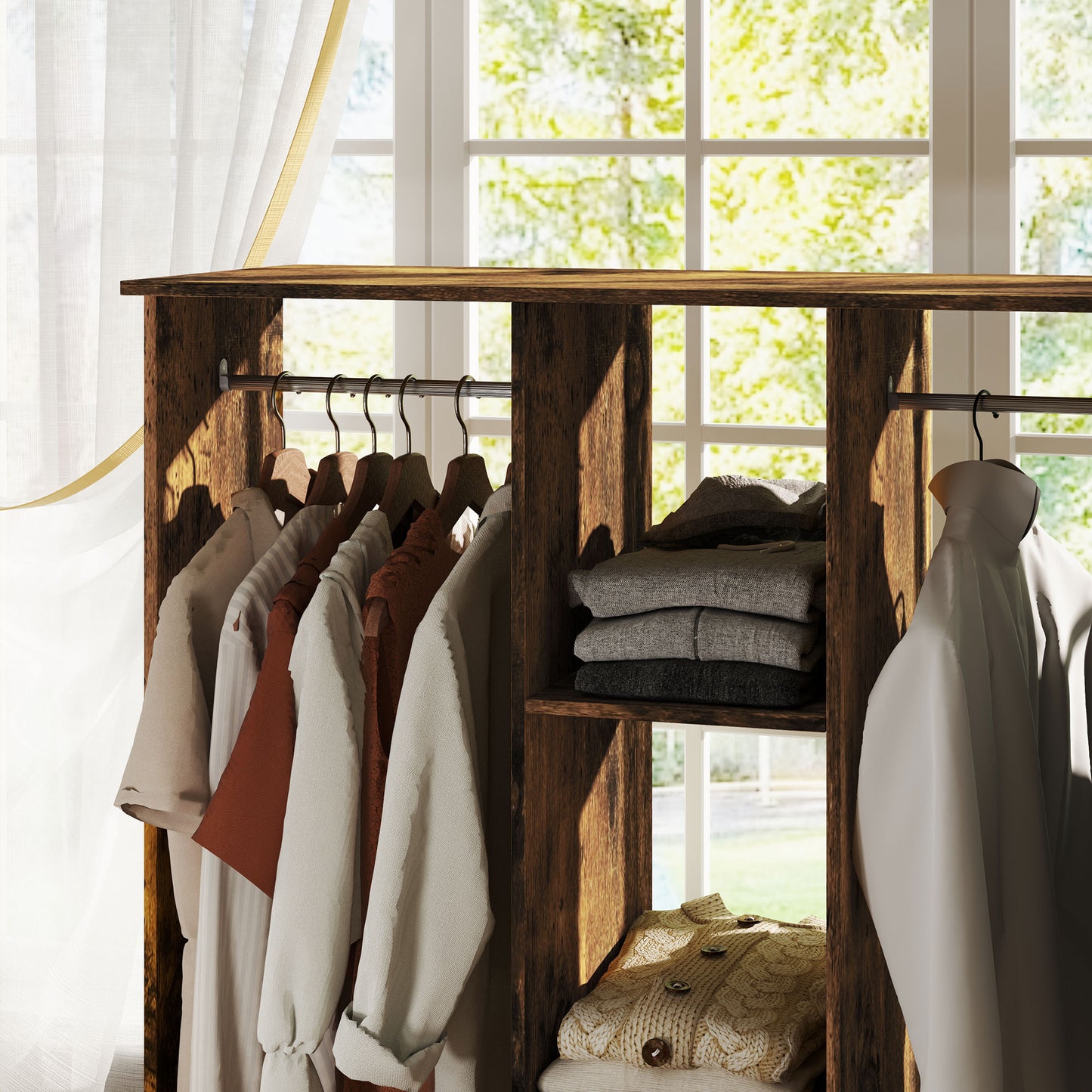 Mobile Double Open Wardrobe w/ Clothes Hanging Rail, Rustic Brown