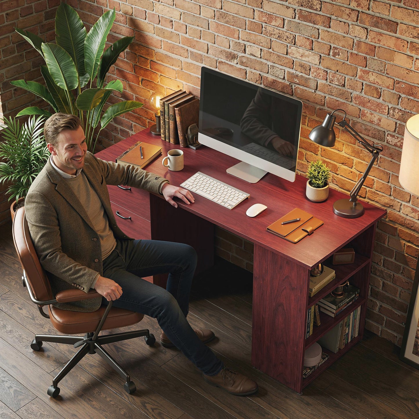 120cm PC Table Workstation Computer Desk w/ Drawers, 3 Shelves Walnut