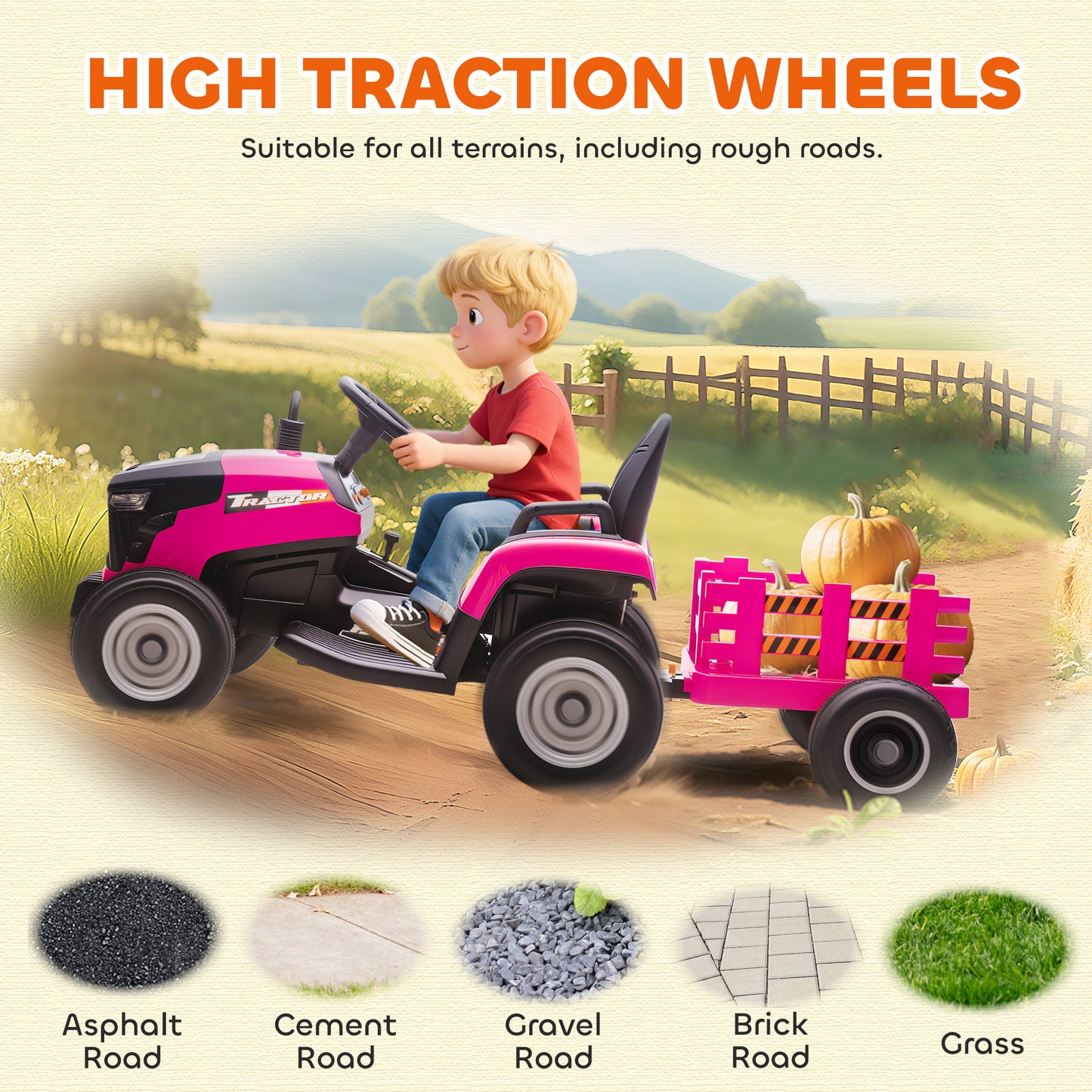 Ride on Tractor and Trailer, 12V Electric Ride on Tractor, Pink