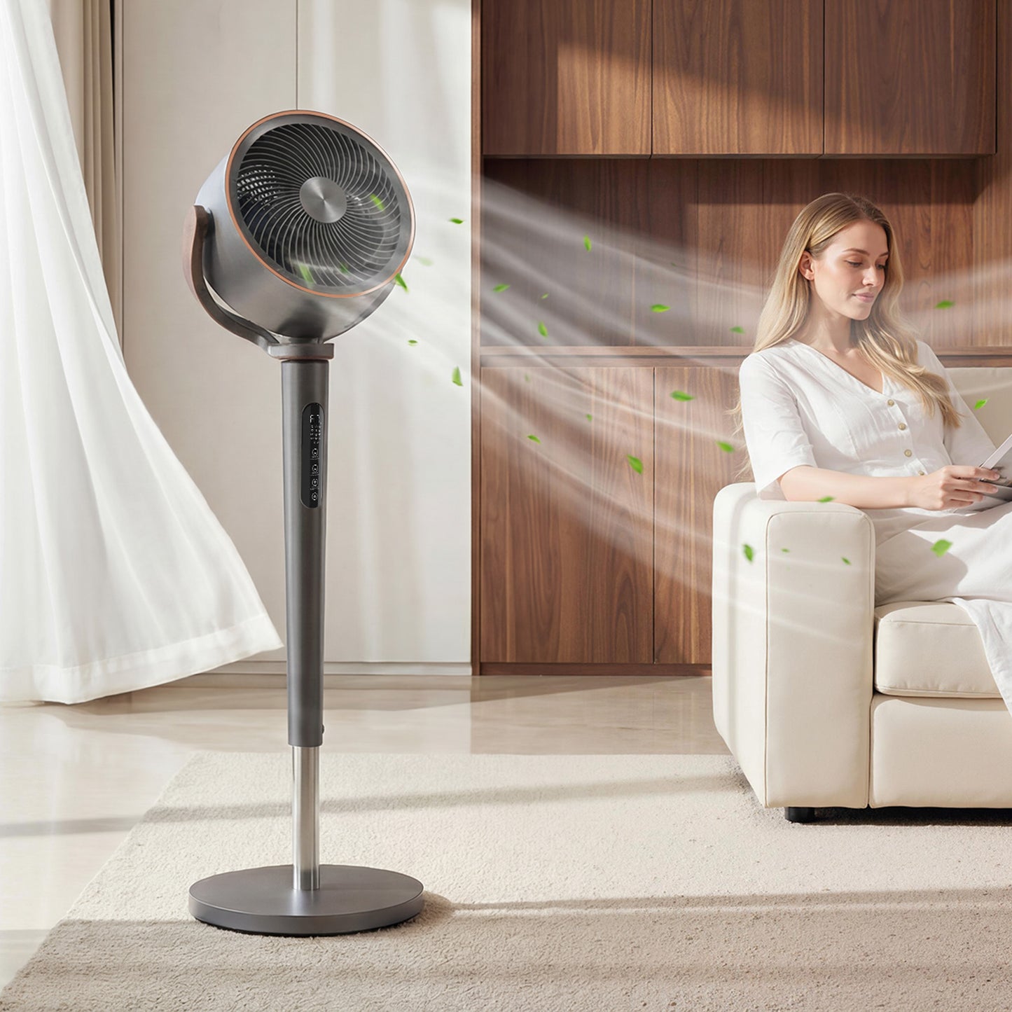 20dB Silent Standing Fan, 70°+90° Auto Oscillating Fan with 12 Speeds, LED Light, Air Circulator, Remote Control, 12H Timer, for Bedroom, 46 Inch, Grey