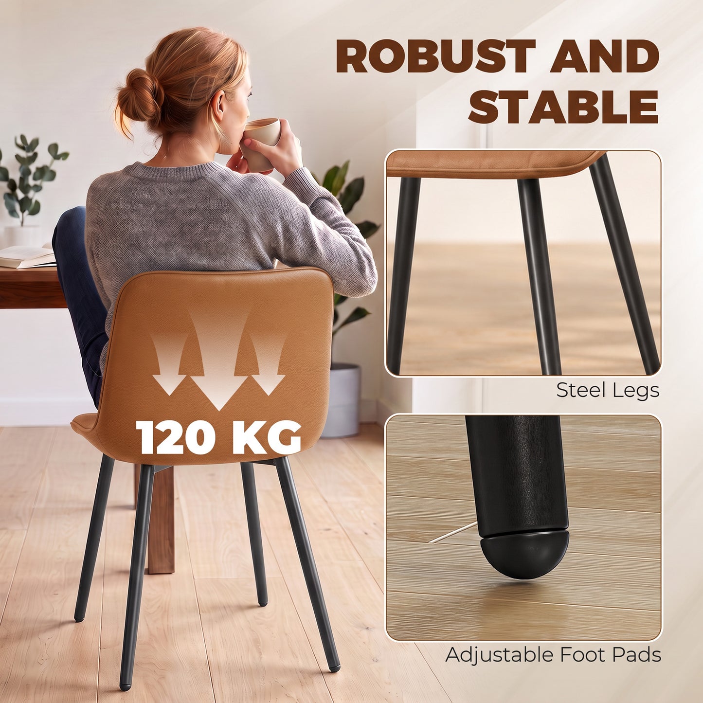 Faux Leather Upholstered Kitchen Chairs with Metal Legs, Brown