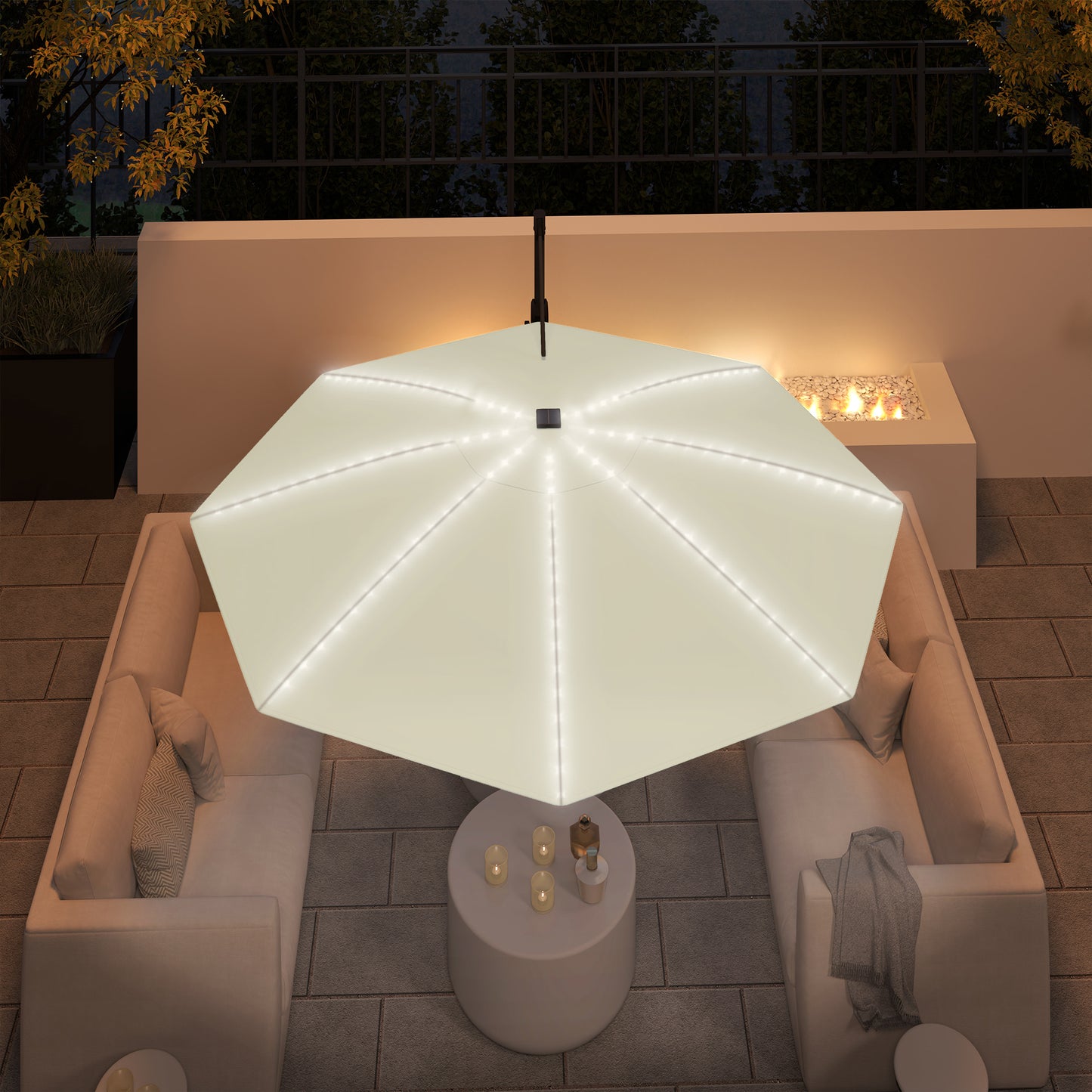 3(m) Garden Parasol w/ Lights, Crank Handle & Cross Base, Cream