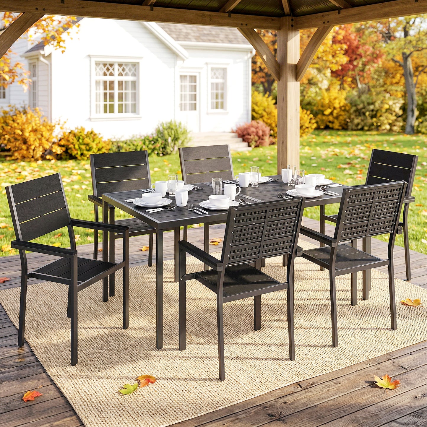 7 Pieces Outdoor Dining Set, Garden Table and Chairs Set, Black