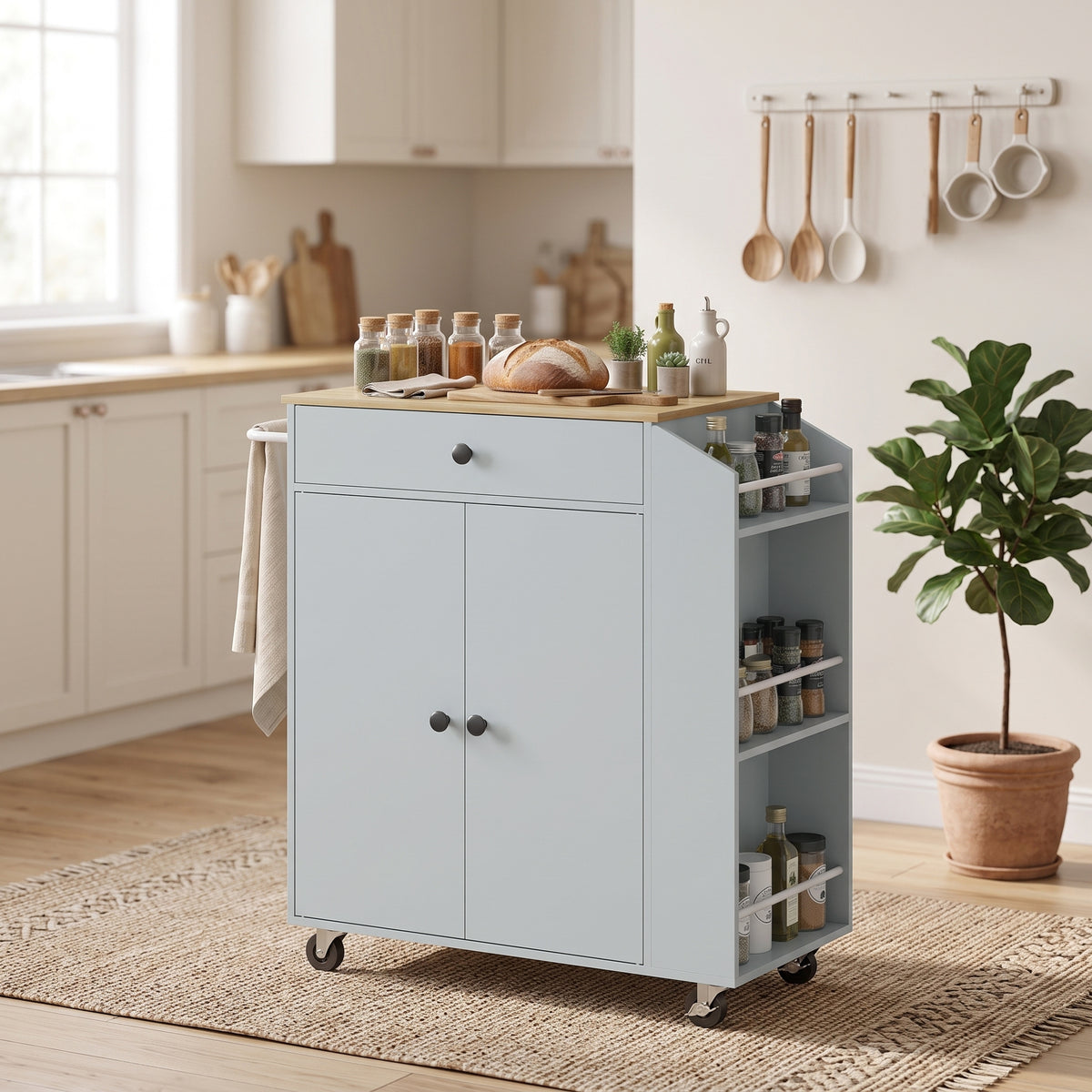 Kitchen Trolley with Drawer, Cupboard and 3-Tier Spice Rack - Light Blue & Oak Effect