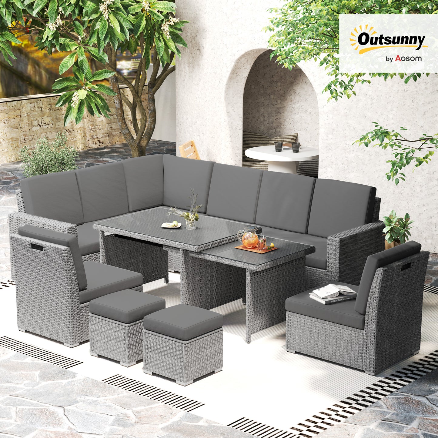 10-Seater Sofa Sectional w/ Cushioned Seat, Footstools and Glass Table