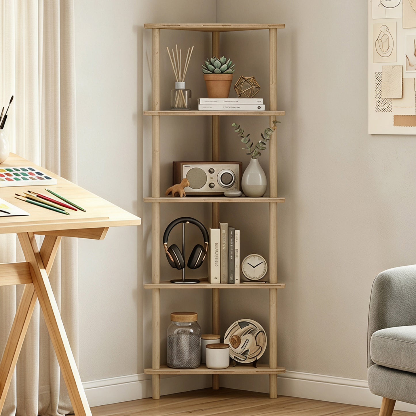5-Tier Corner Storage Shelf for Living Room, Natural Wood Finish