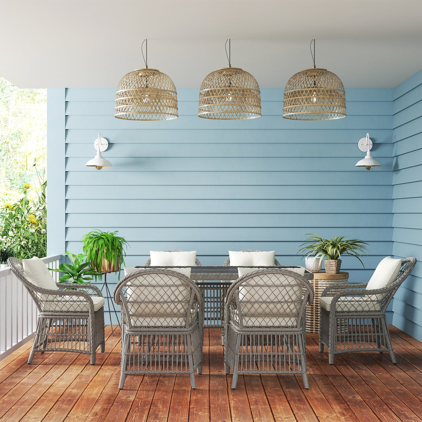 6 Seater Rattan Dining Set with Seat Back Cushions, Aluminium Frame