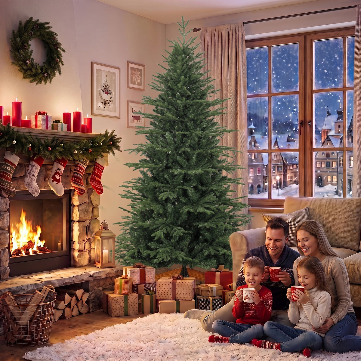 7ft Artificial Christmas Tree Solid Pine Wood Stand, Green