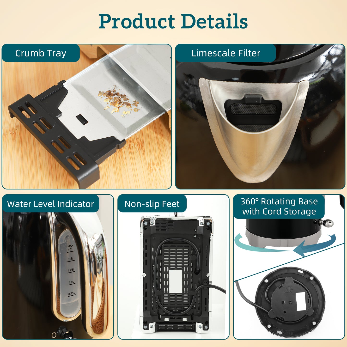 Kettle and Toaster Set with Temperature Gauge, Crumb Tray, Black