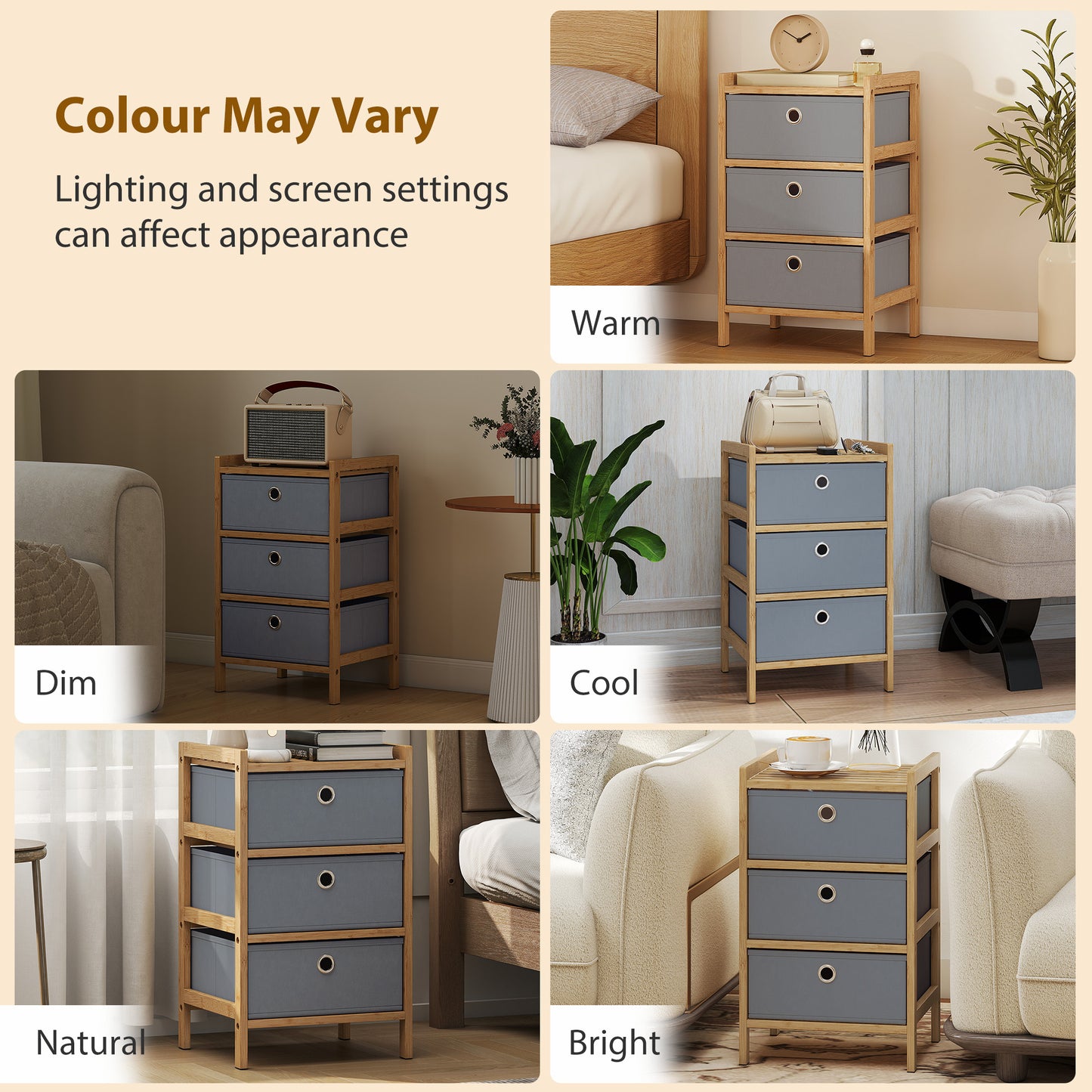 Chest of Drawers, 3 Drawers Dresser with Bamboo Frame, Light Grey