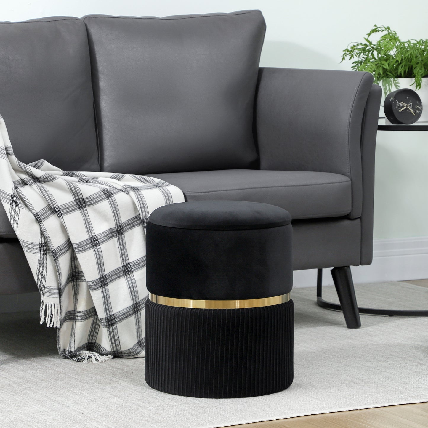 Round Pouffe Storage Footstool with Hidden Space, Black