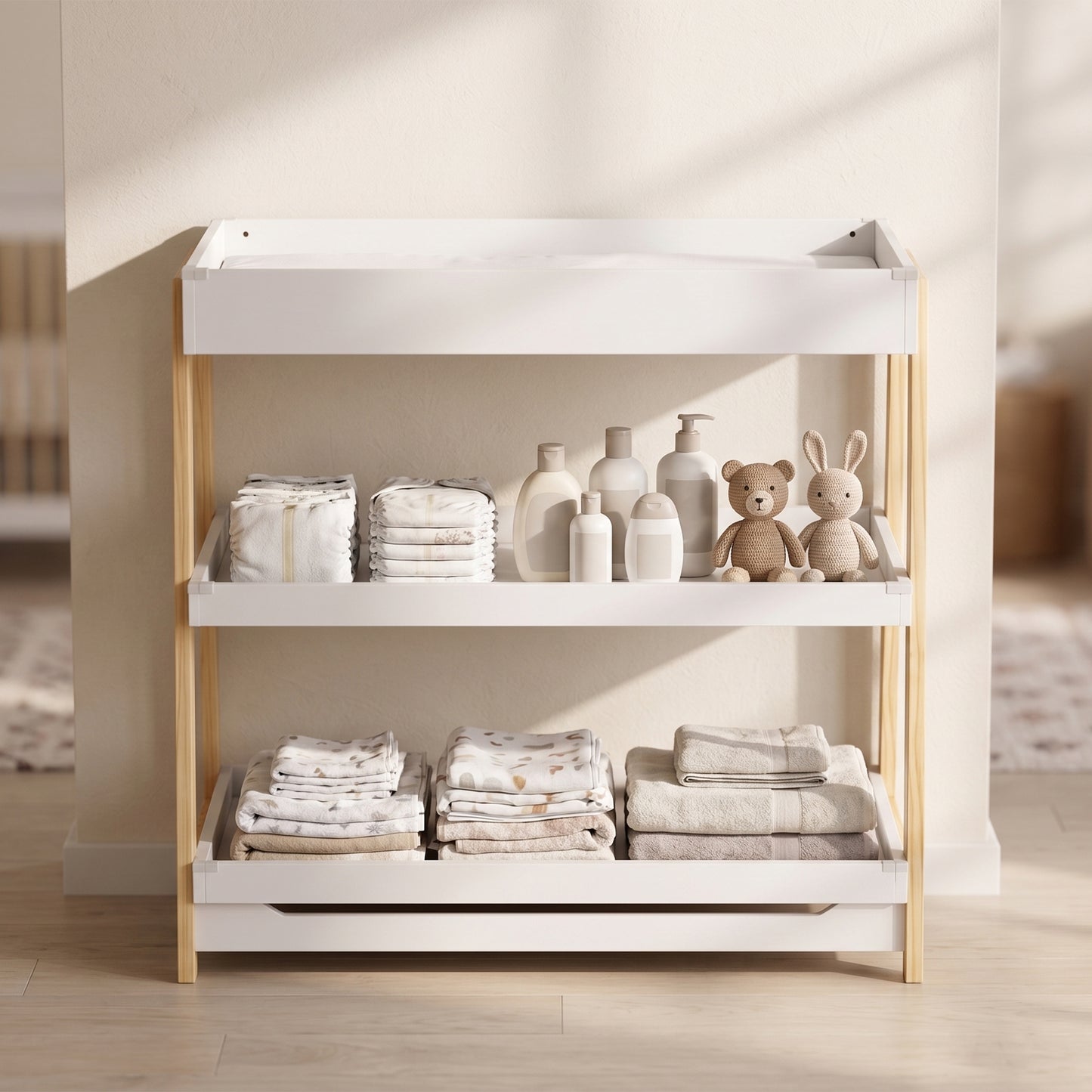 Baby Changing Table with 2 Storage Shelves, Nursery Diaper Baby Changing Unit with Waterproof Changing Mat for 0-12 Months (max. 14 kg), Infant Care Station for Bedroom Nursery, White