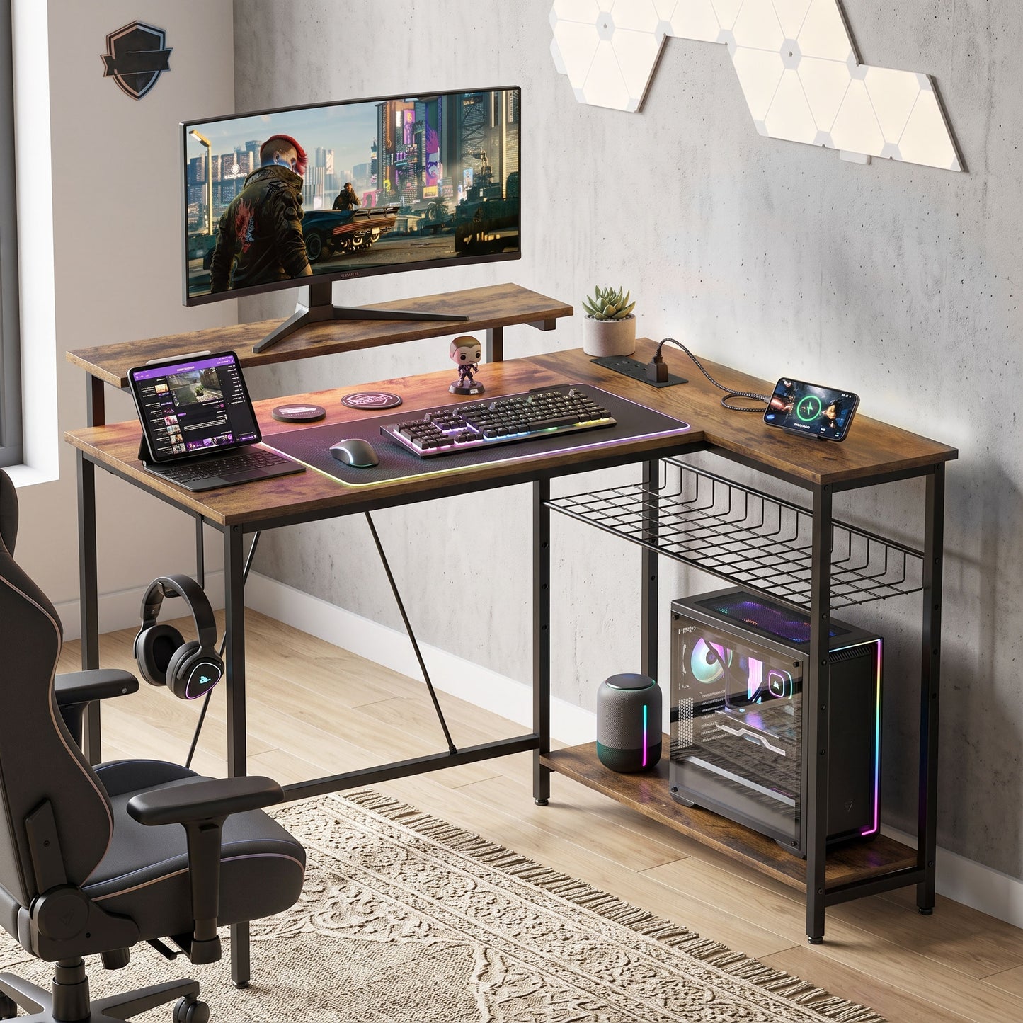 L Shaped Desk with LED Lights and Storage, Rustic Brown