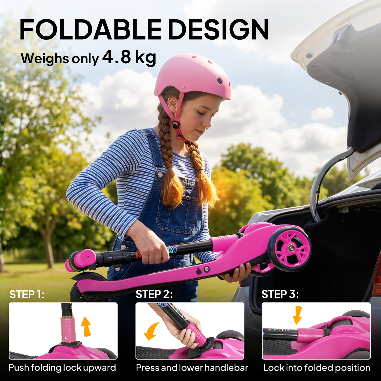 Electric Scooter for Kids, 3 Wheel Foldable Kids Scooter, Pink