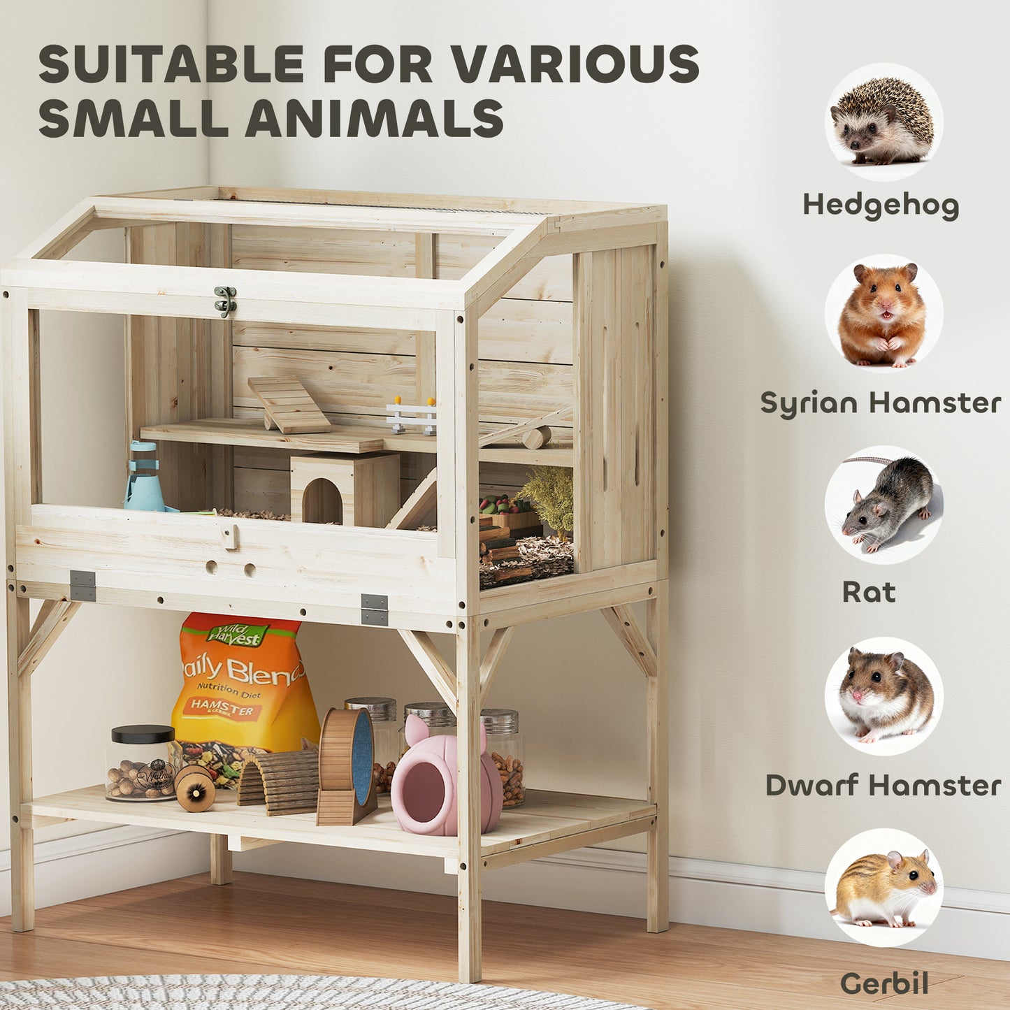 Wooden Hamster Cage, 2 Tier Hamster Habitat with Storage Shelf