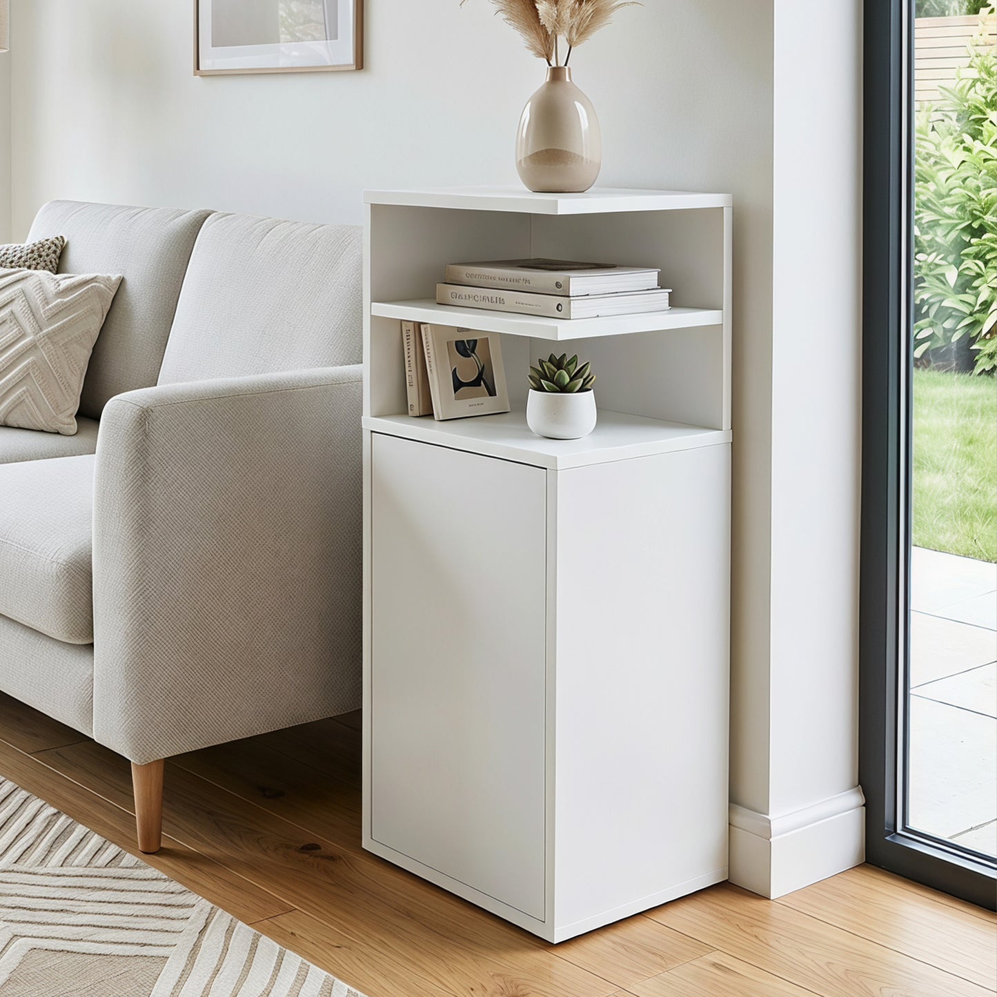Slim Bedside Table Set of 2 with Open Cubbies and Cupboard, White