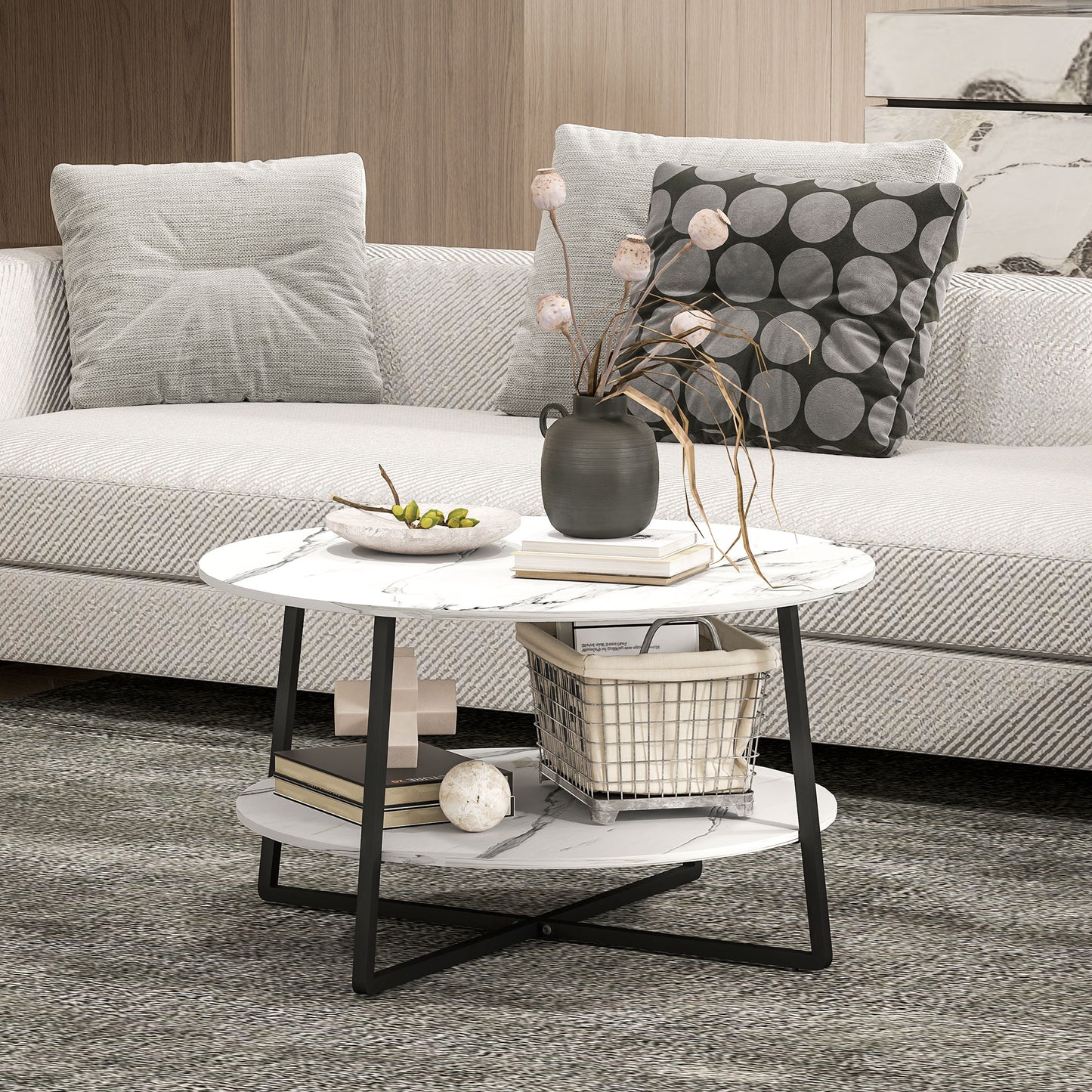 Round Coffee Table with Storage Shelf and Marble Effect Top, White