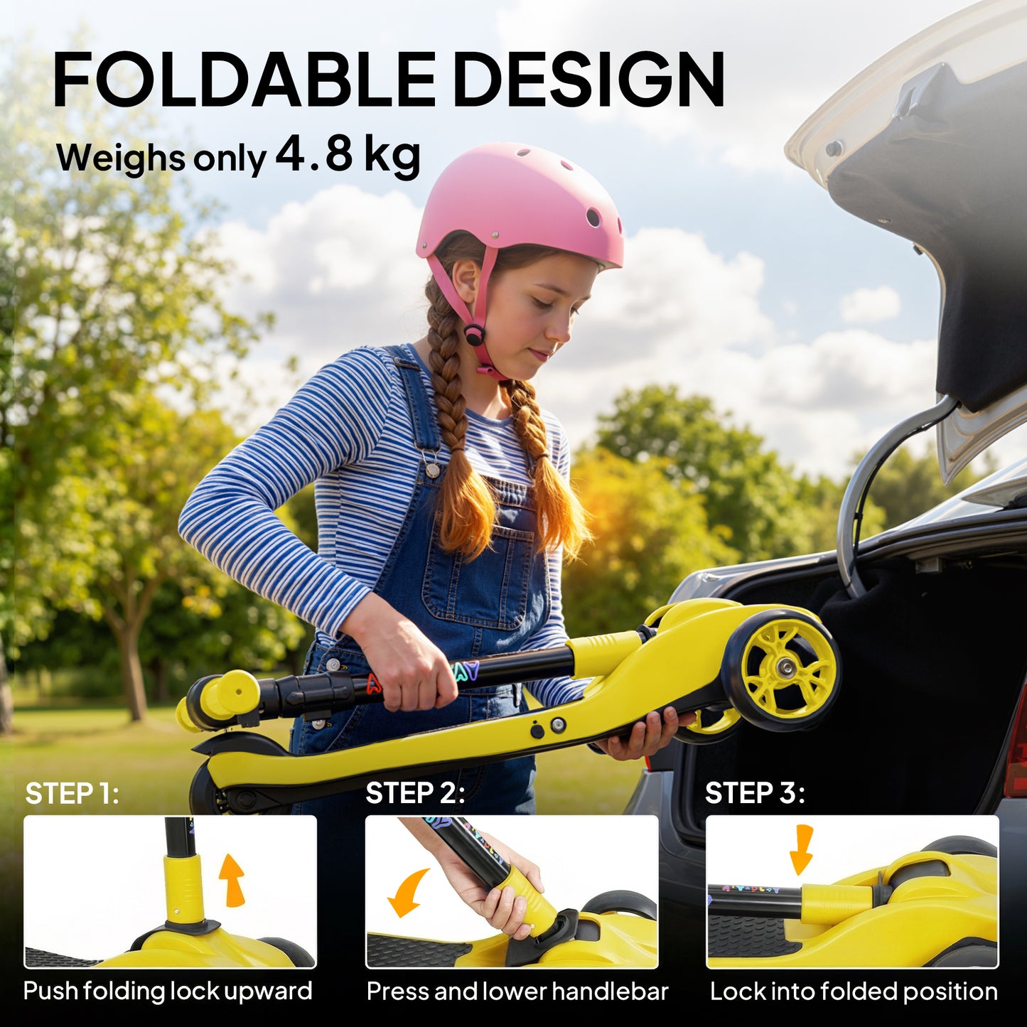 Electric Scooter for Kids, 3 Wheel Foldable Kids Scooter, Yellow