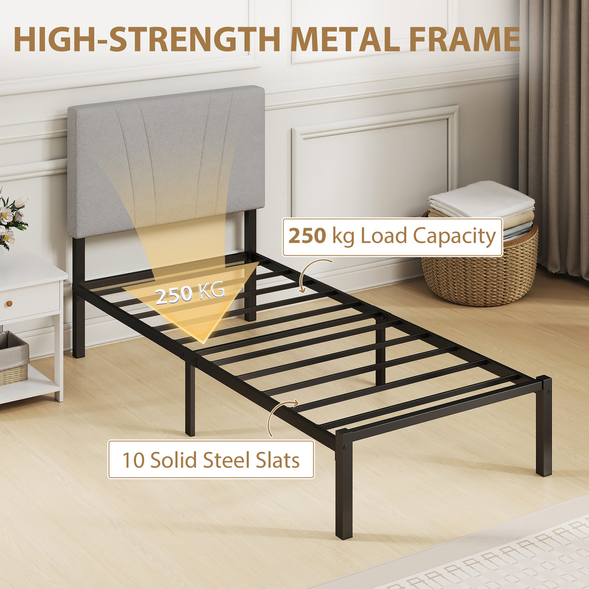 3FT Single Bed Frame with Upholstered and Padded Headboard, Metal Bed Frame with Underbed Storage and Steel Slat Support, No Box Spring Needed, Easy Assembly, Black and Light Grey