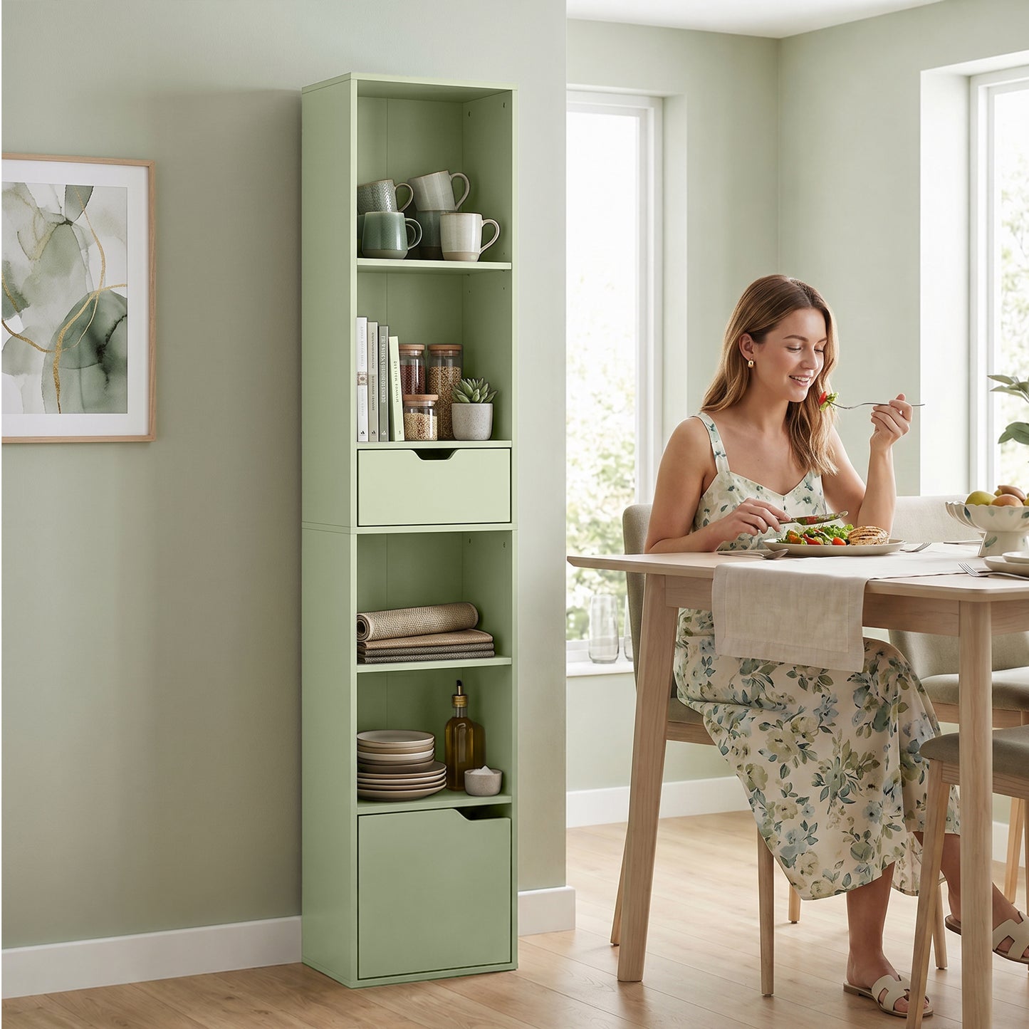 Narrow Bookshelf with Drawer, Tall Bookcase for Living Room, Green