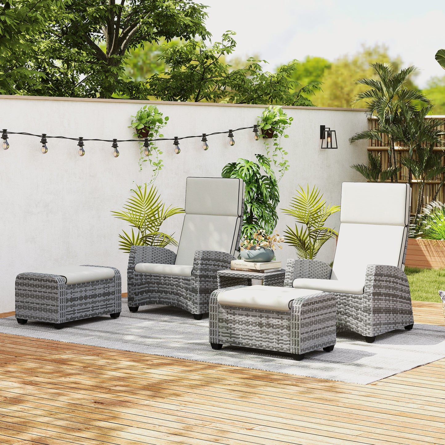5 PCs Rattan Garden Furniture Set with Reclining Chairs, Grey