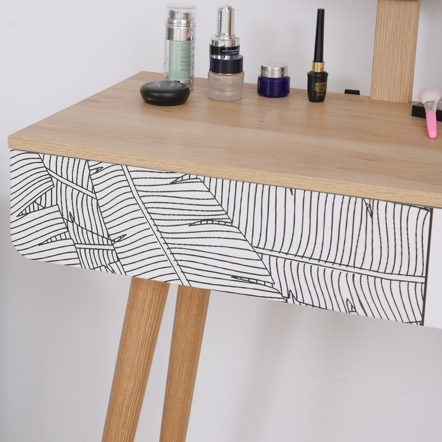 Wooden Compact Dressing Table w/ Drawer Mirror 4 Legs Table Top Bedroom