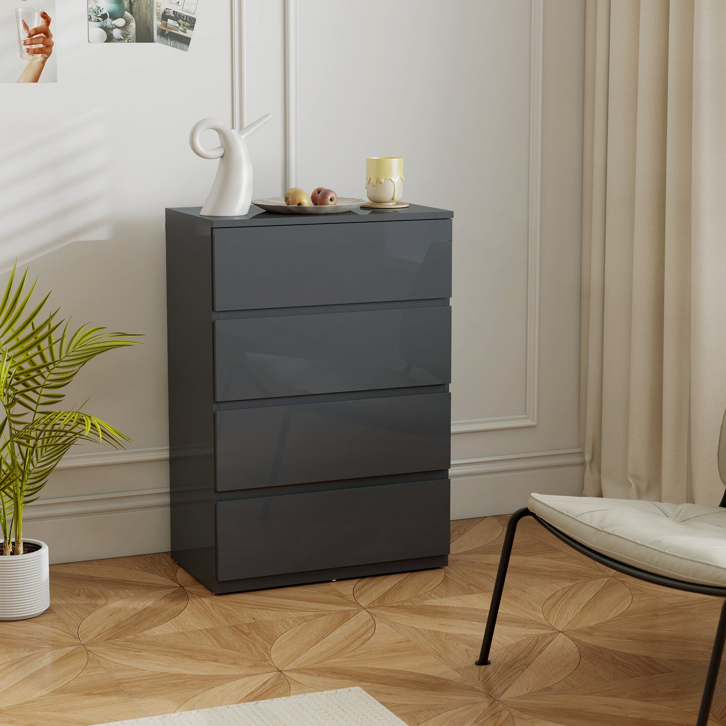 Bedroom Chest of Drawers, High Gloss 4 Drawers Dresser, Grey