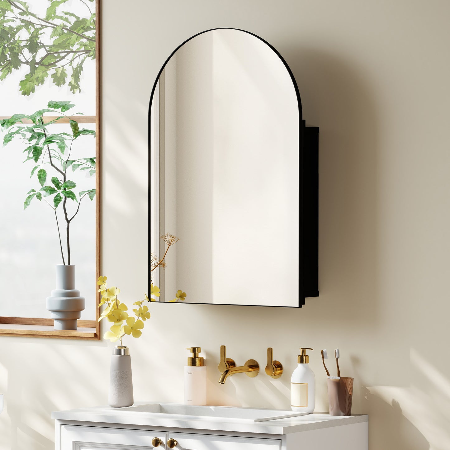 Bathroom Mirror Cabinet with Mirror Arched Wall Cabinet Black