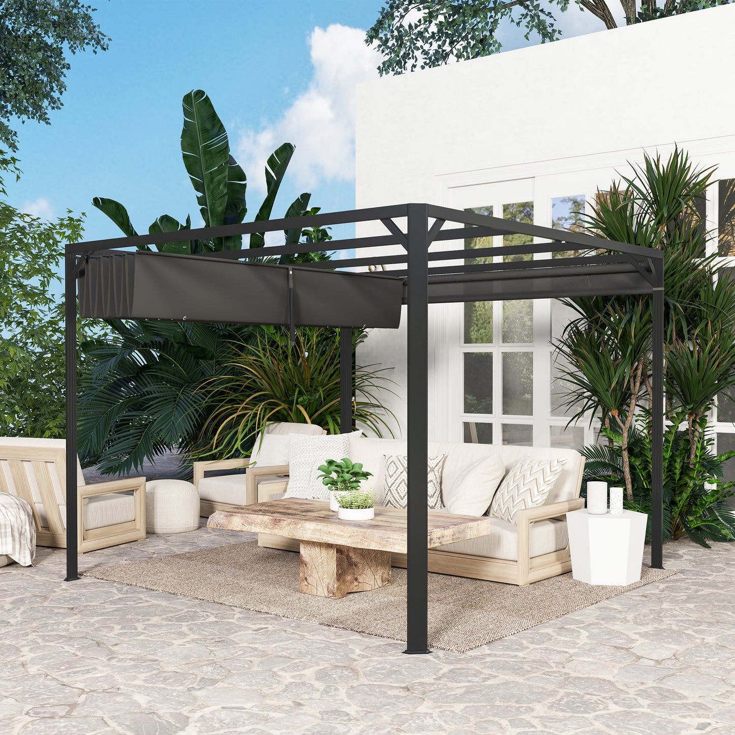 3 x 3(m) Pergola with Retractable Roof & Roller Shade, Dark Grey