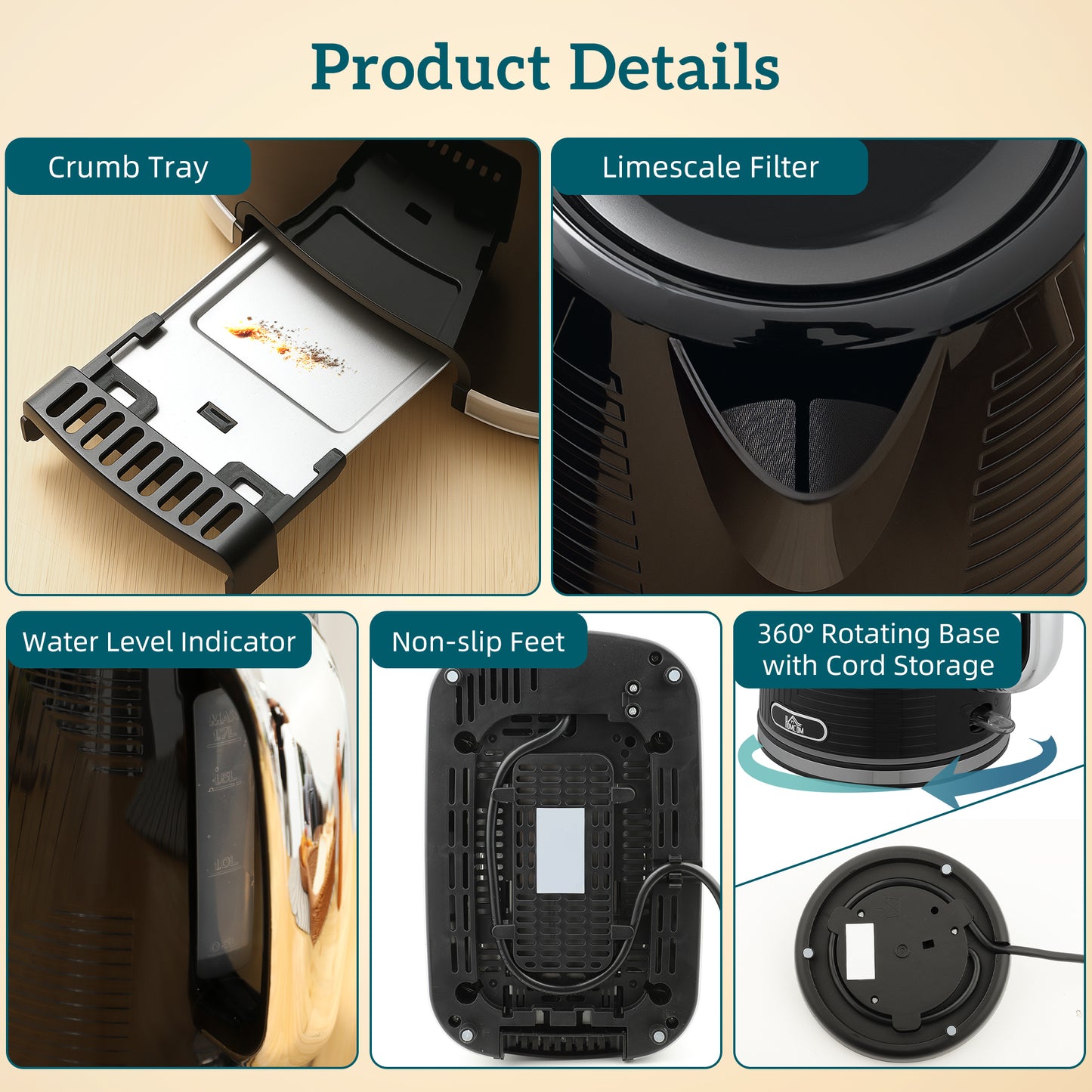 1.7L 3000W Rapid Boil Kettle and 2 Slice Toaster Set Crumb Tray Black