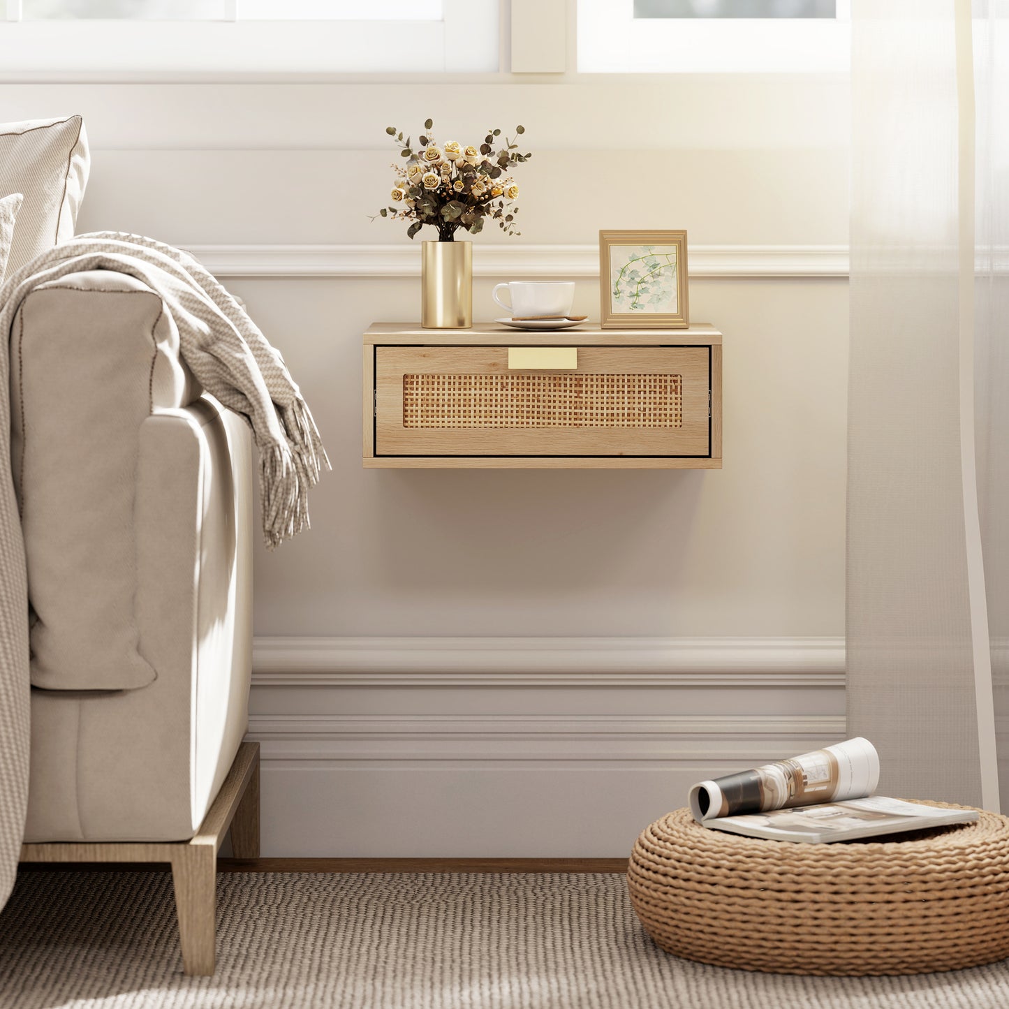 Floating Bedside Tables Set of 2, Boho Nightstands with Rattan Drawer