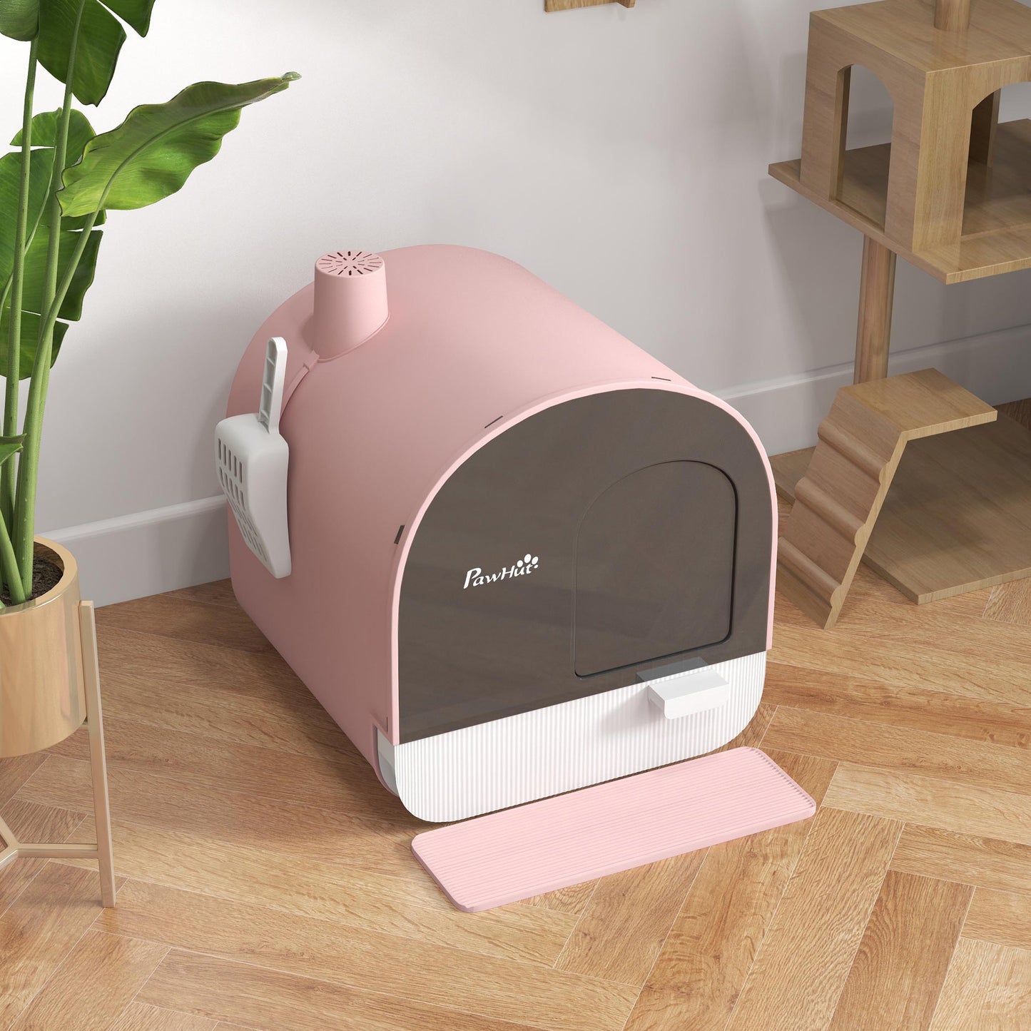 Cat Litter Box Kitten Litter Tray w/ Lid, Scoop, Filter, Flap Door, Pink
