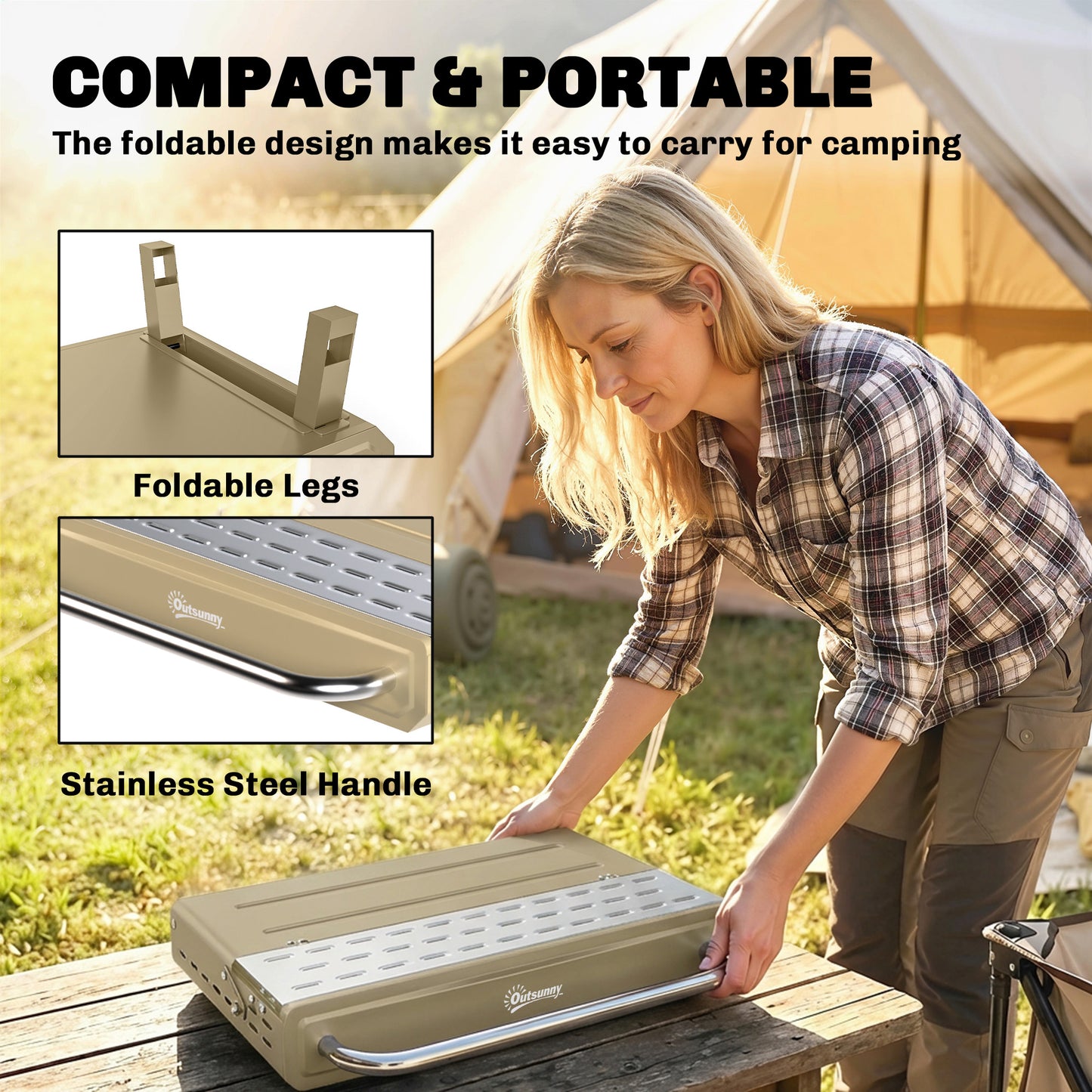 Portable Barbecue Grill with Adjustable Grates for Camping, Khaki