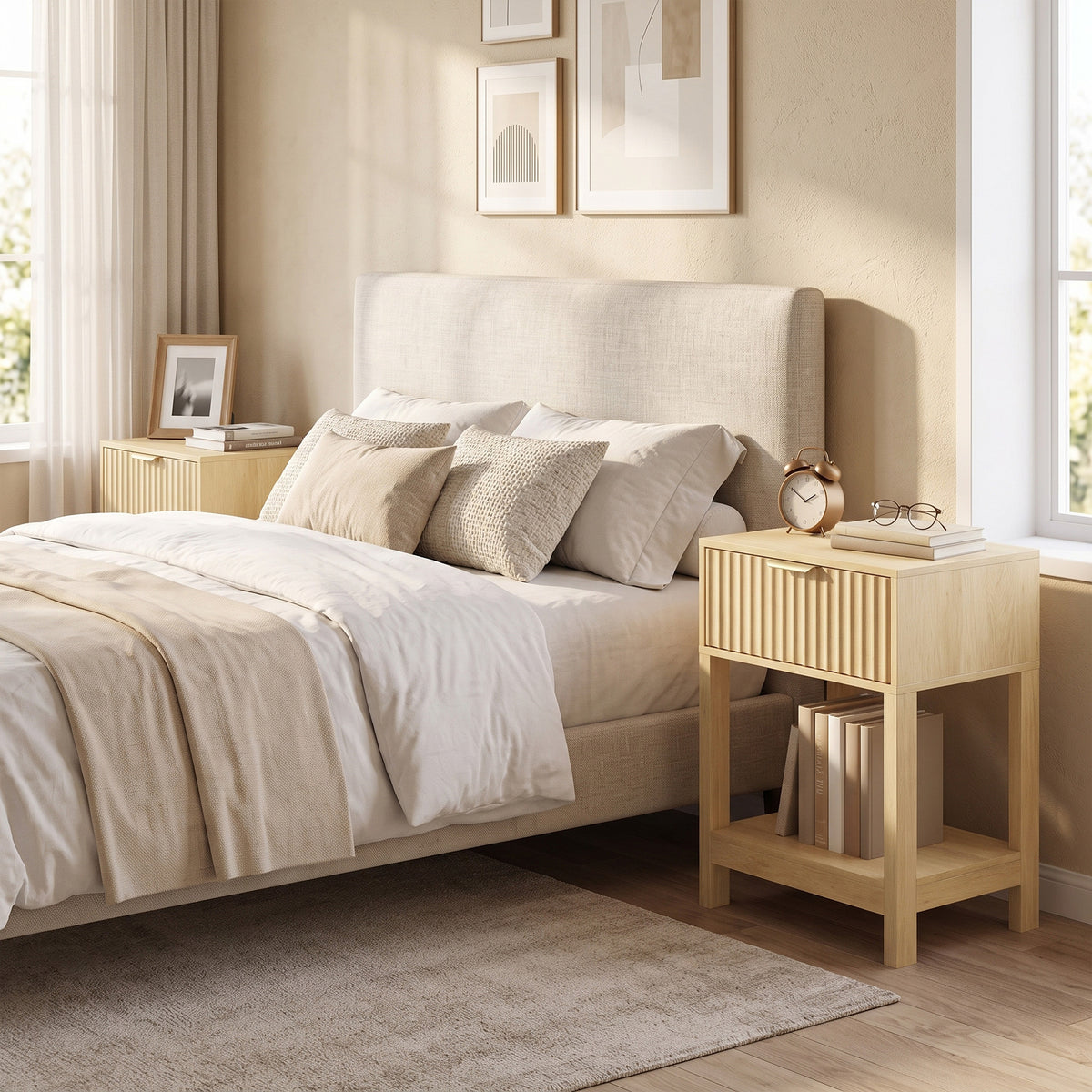 Set of 2 Fluted Bedside Tables with USB-C Charging Stations - Oak Effect